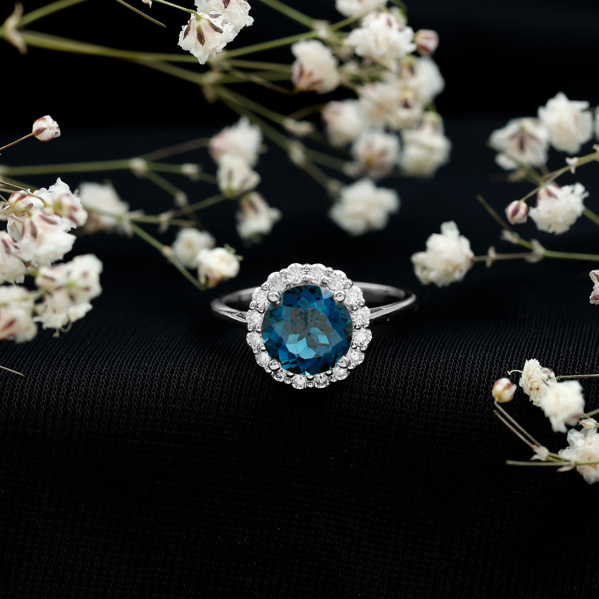 2 Carat Round London Blue Topaz Classic Engagement Ring with Diamond Halo AAA - Rosec Jewels