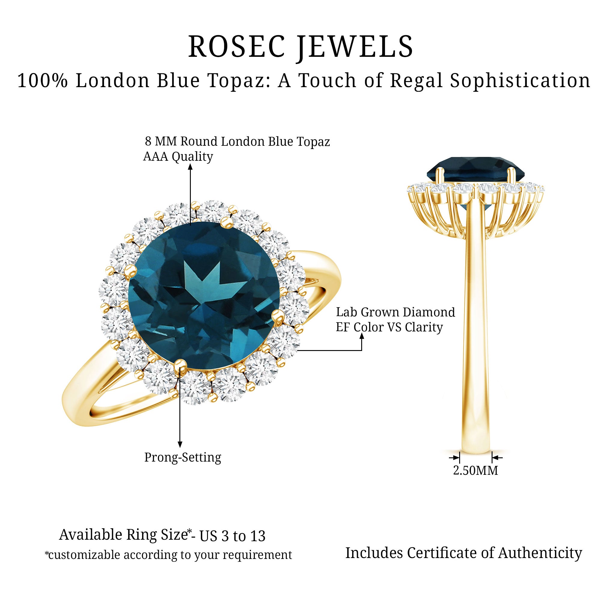2 Carat Round London Blue Topaz Classic Engagement Ring with Diamond Halo AAA - Rosec Jewels