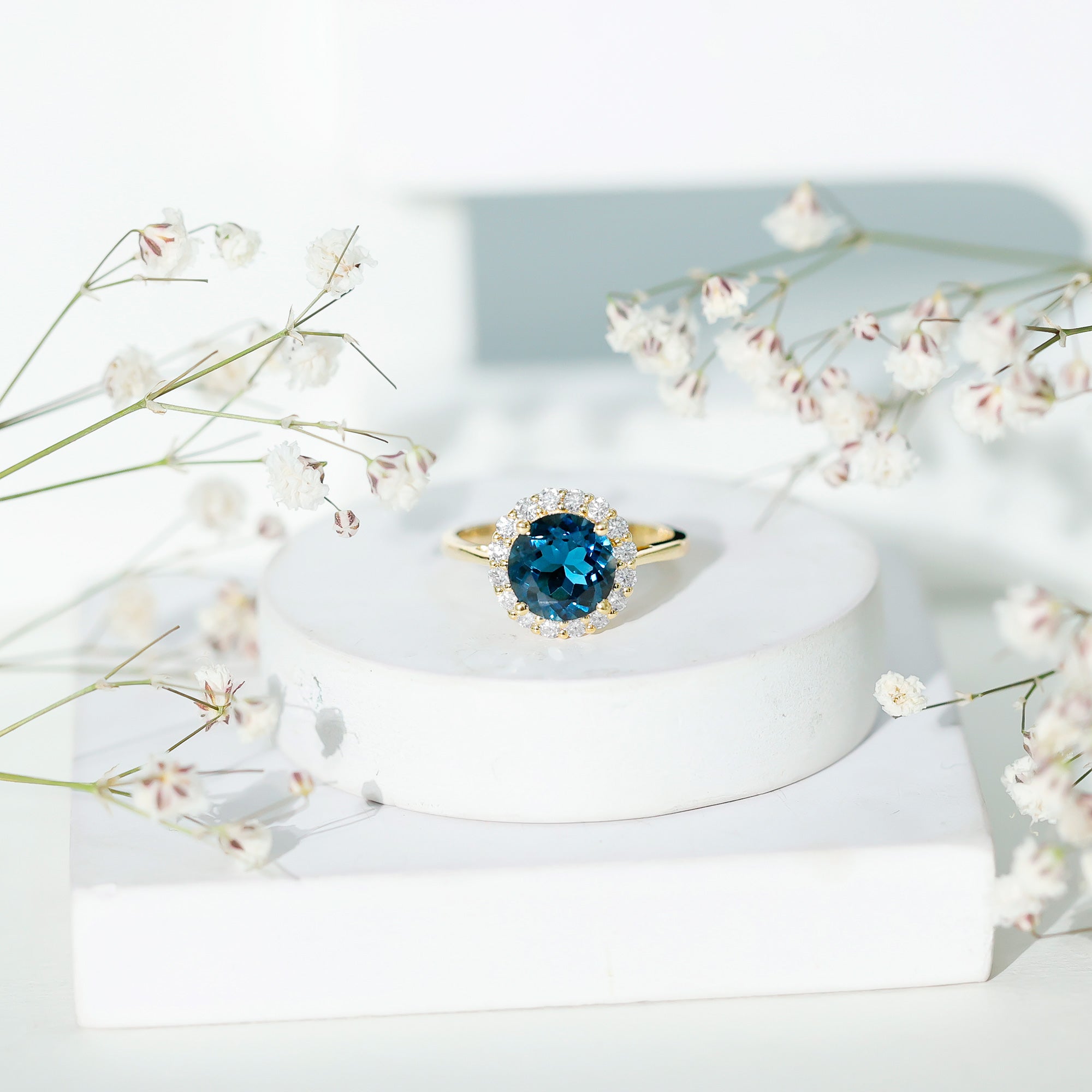2 Carat Round London Blue Topaz Classic Engagement Ring with Diamond Halo AAA - Rosec Jewels