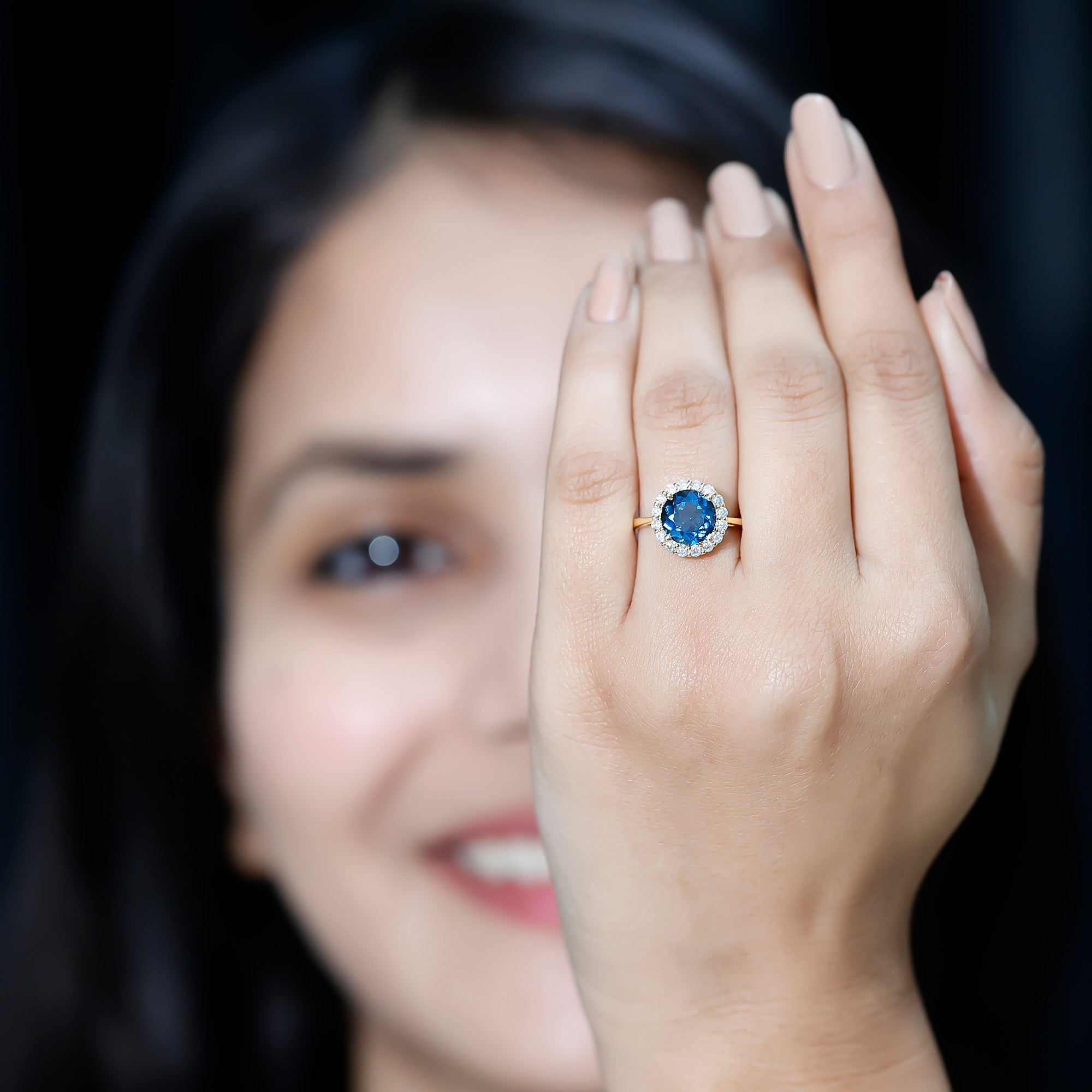 2 Carat Round London Blue Topaz Classic Engagement Ring with Diamond Halo AAA - Rosec Jewels