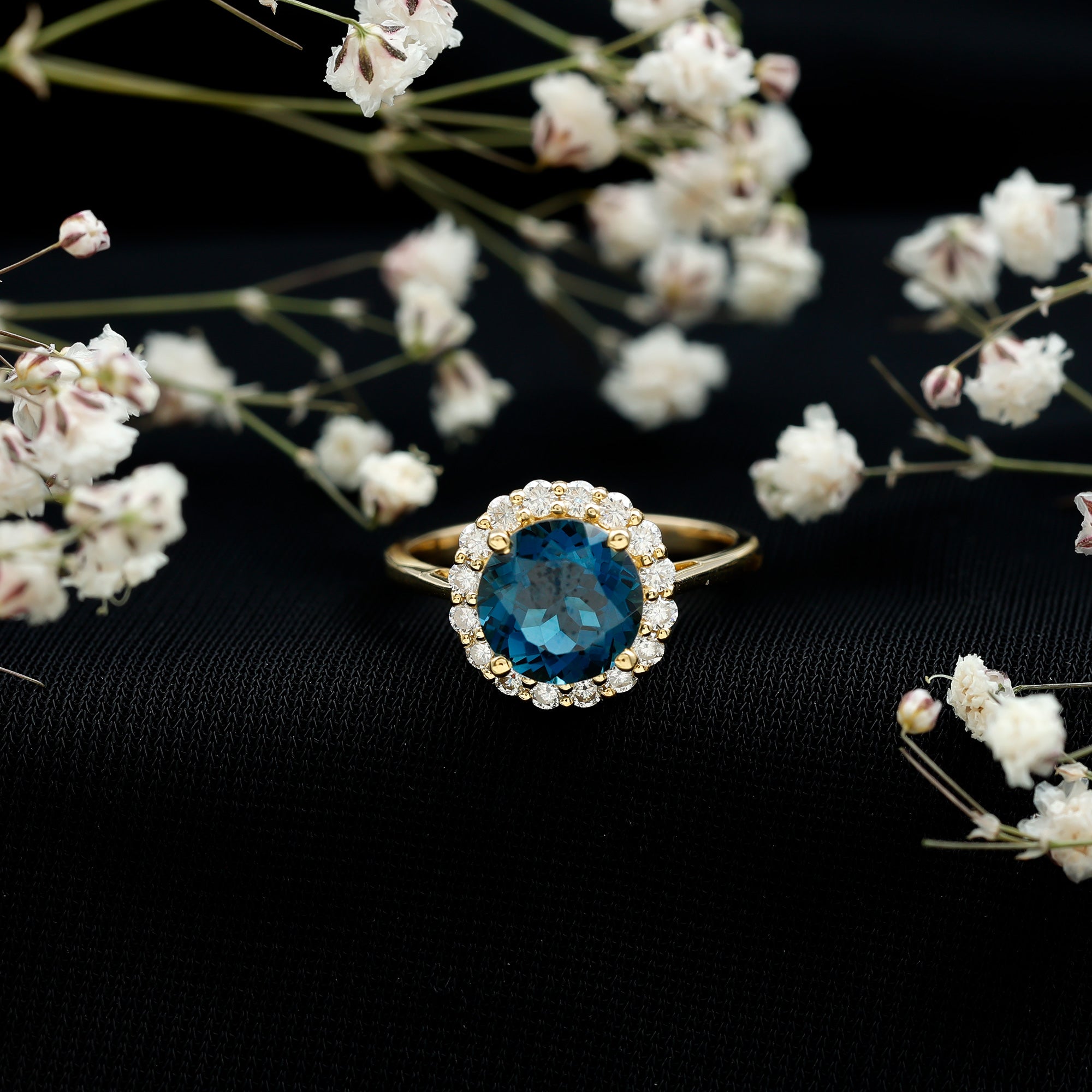 2 Carat Round London Blue Topaz Classic Engagement Ring with Diamond Halo AAA - Rosec Jewels