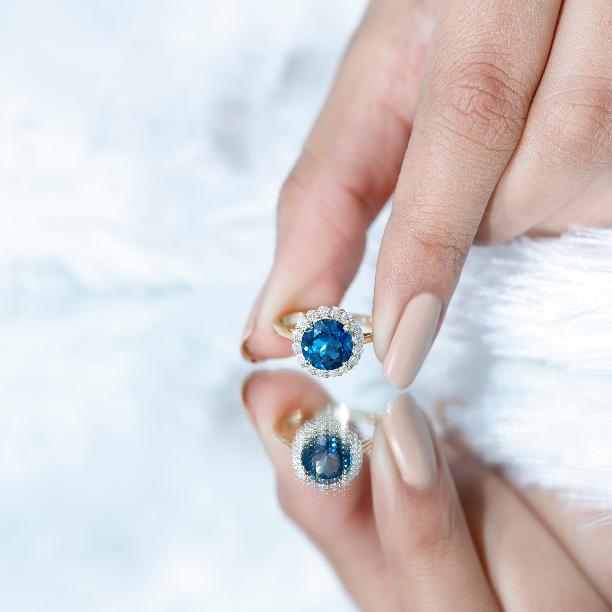 2 Carat Round London Blue Topaz Classic Engagement Ring with Diamond Halo AAA - Rosec Jewels