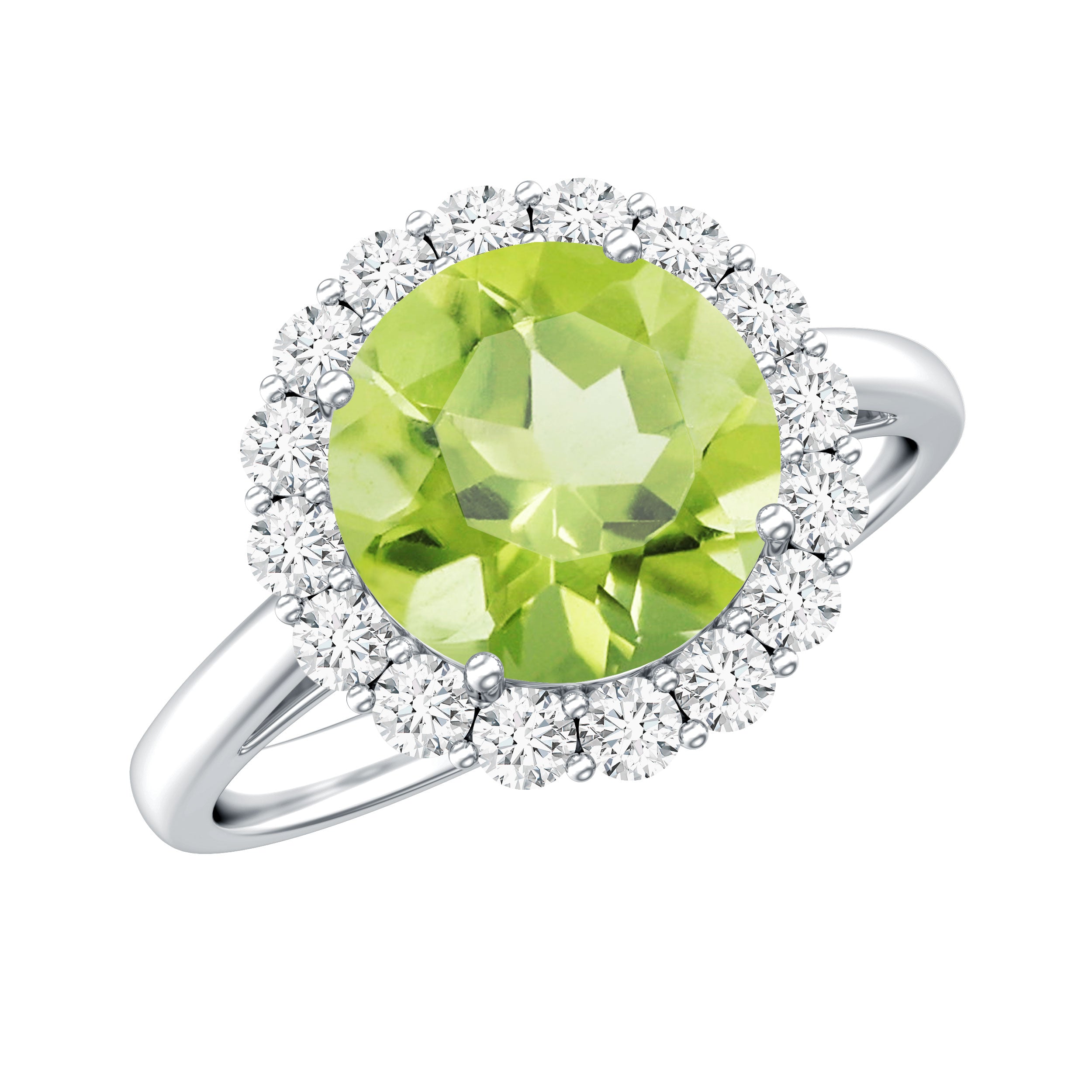 2 Carat Round Peridot and Diamond Halo Engagement Ring AAA - Rosec Jewels