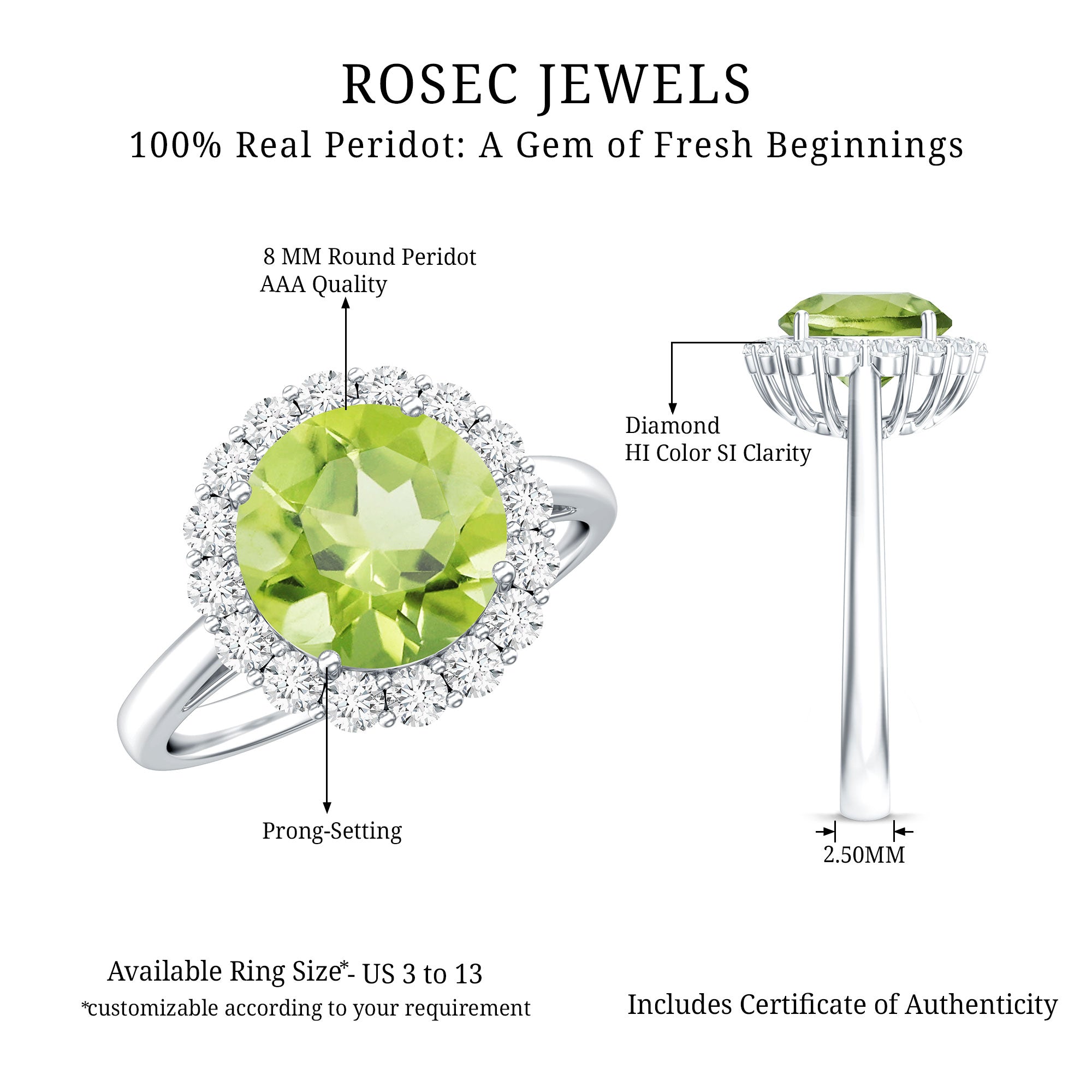 2 Carat Round Peridot and Diamond Halo Engagement Ring AAA - Rosec Jewels