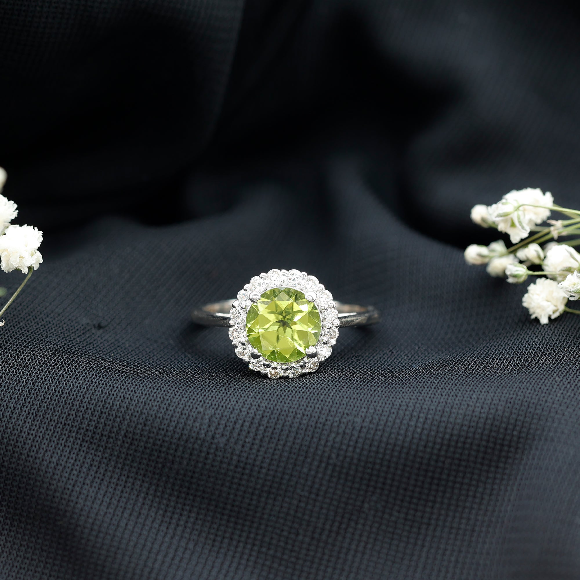 2 Carat Round Peridot and Diamond Halo Engagement Ring AAA - Rosec Jewels