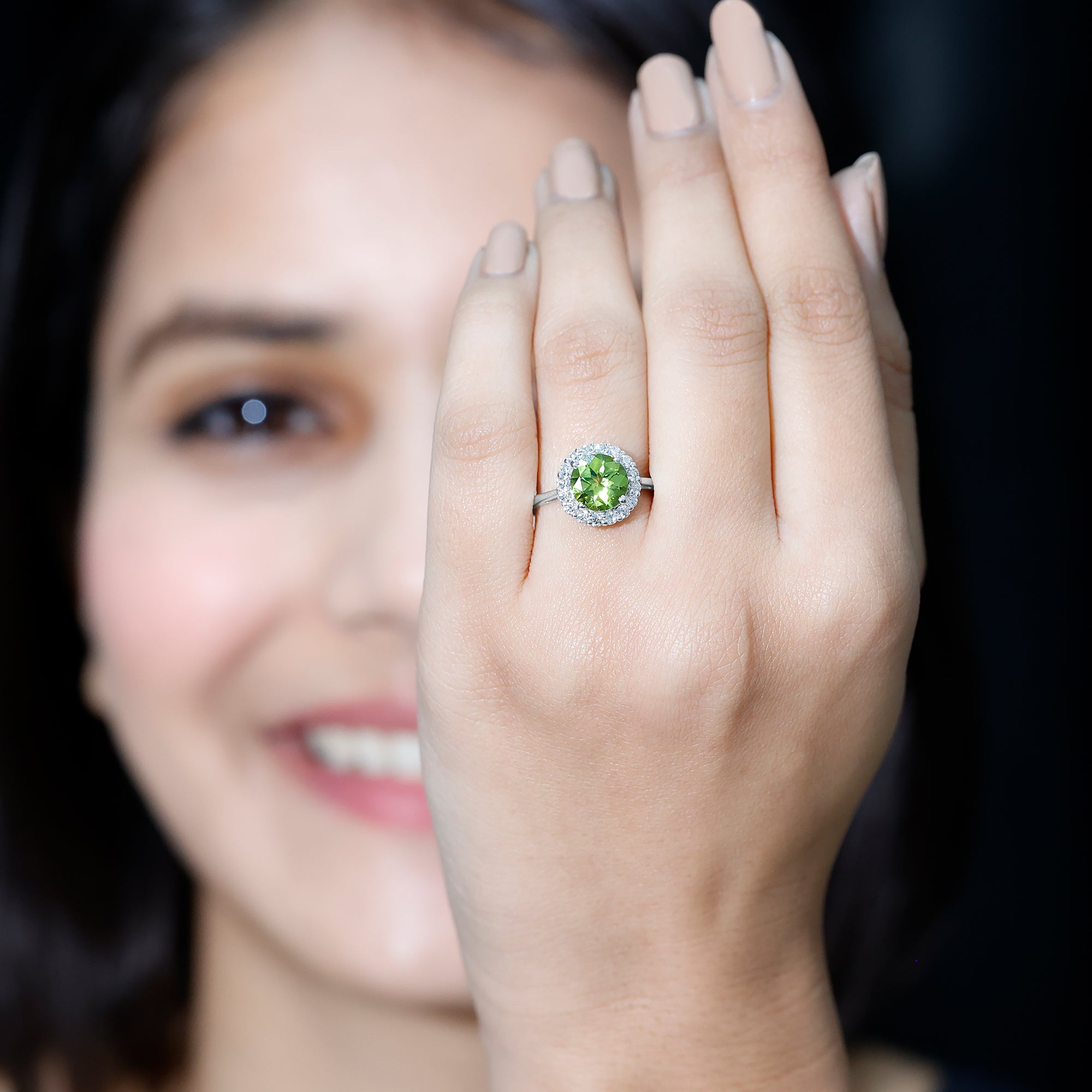 2 Carat Round Peridot and Diamond Halo Engagement Ring AAA - Rosec Jewels