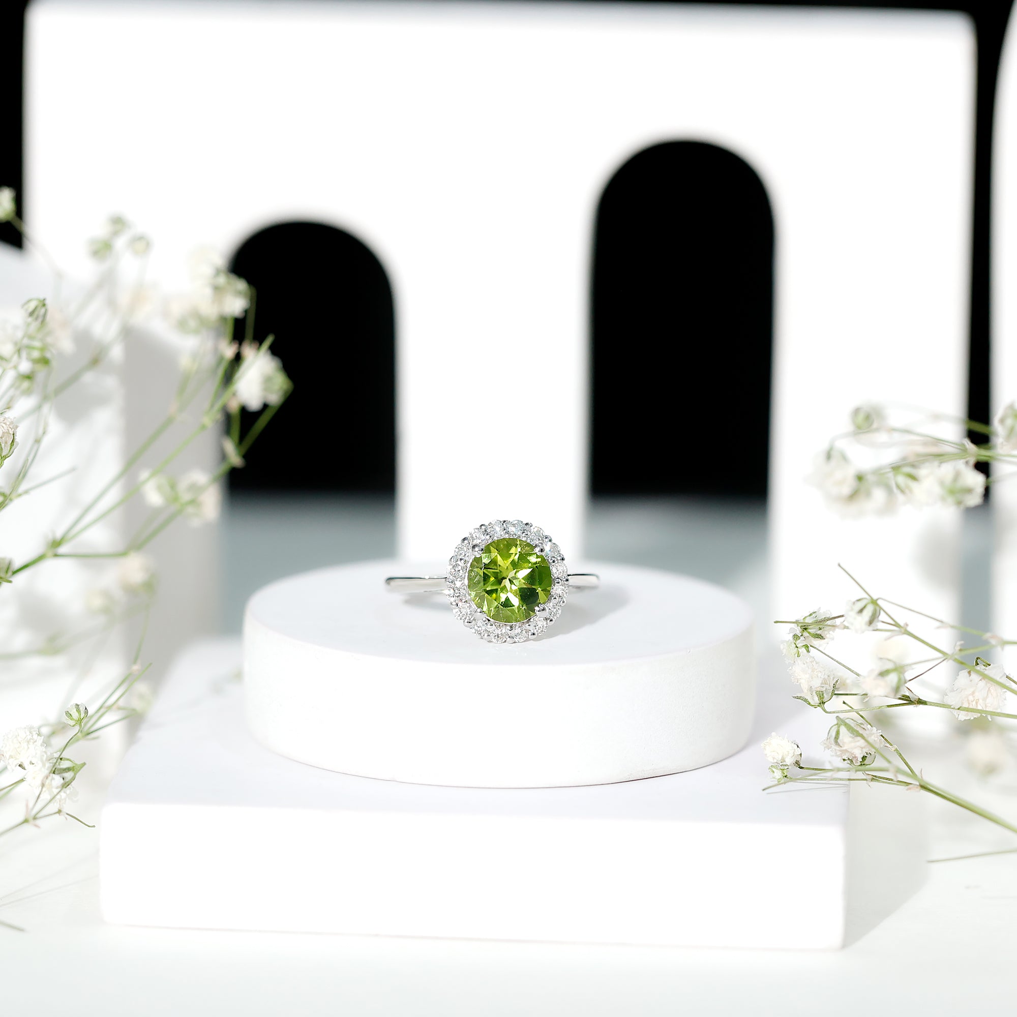 2 Carat Round Peridot and Diamond Halo Engagement Ring AAA - Rosec Jewels