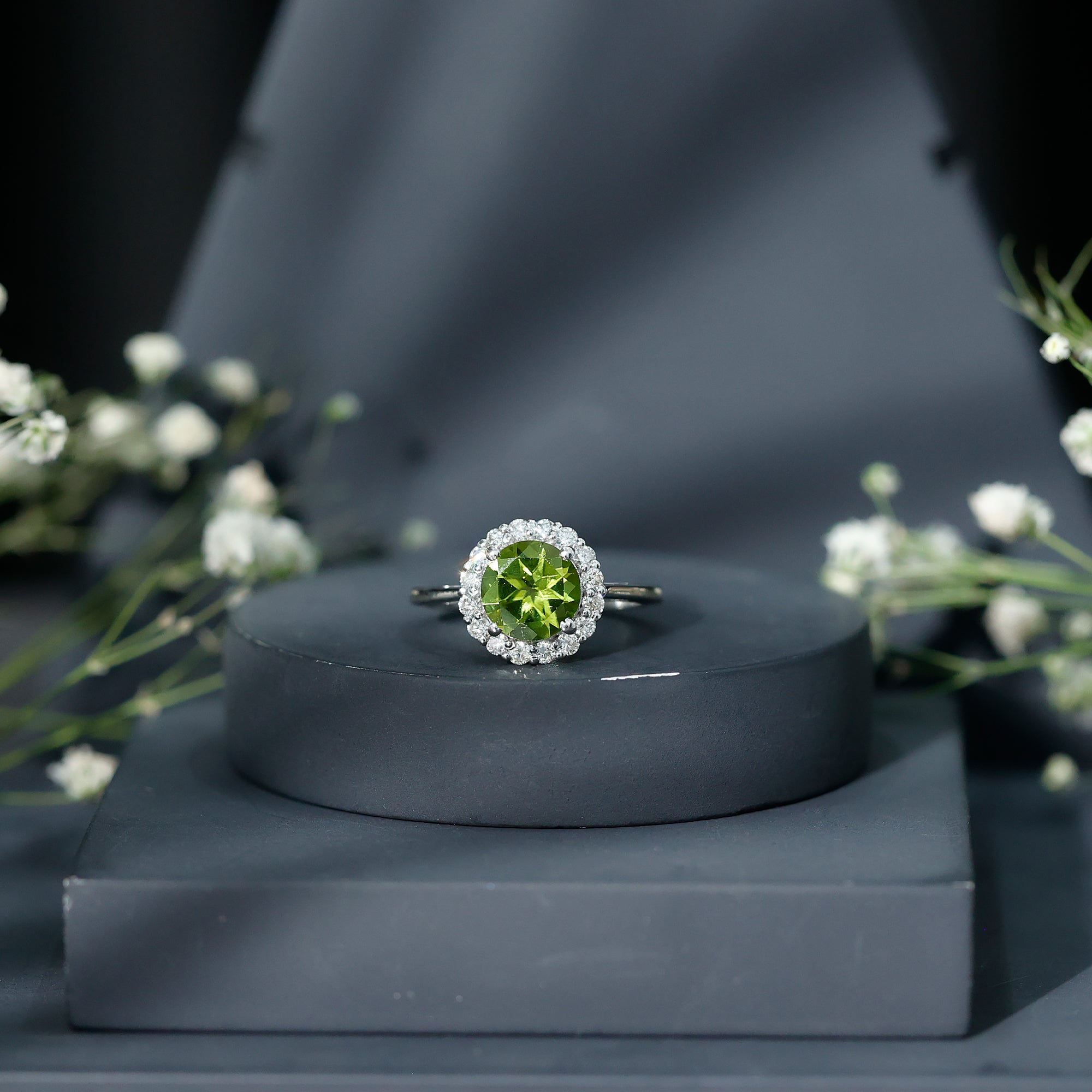 2 Carat Round Peridot and Diamond Halo Engagement Ring AAA - Rosec Jewels