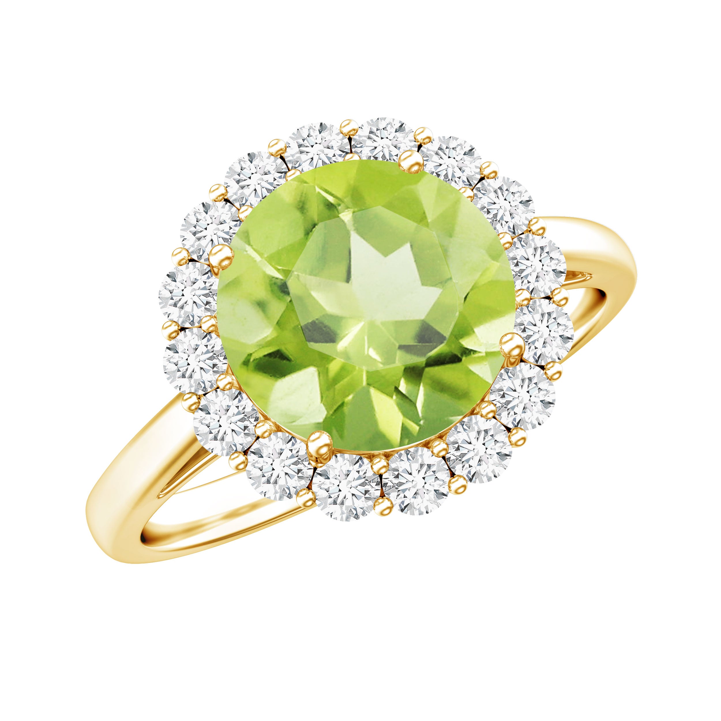 2 Carat Round Peridot and Diamond Halo Engagement Ring AAA - Rosec Jewels
