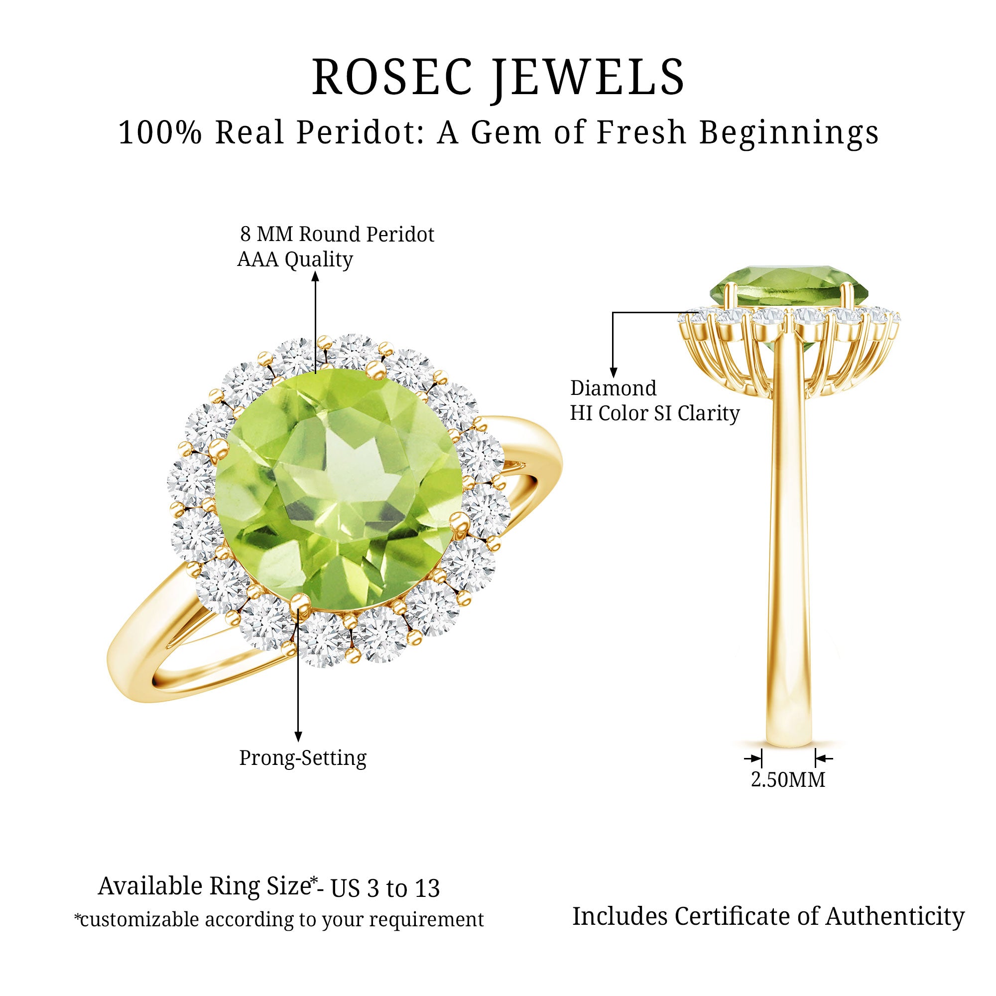 2 Carat Round Peridot and Diamond Halo Engagement Ring AAA - Rosec Jewels
