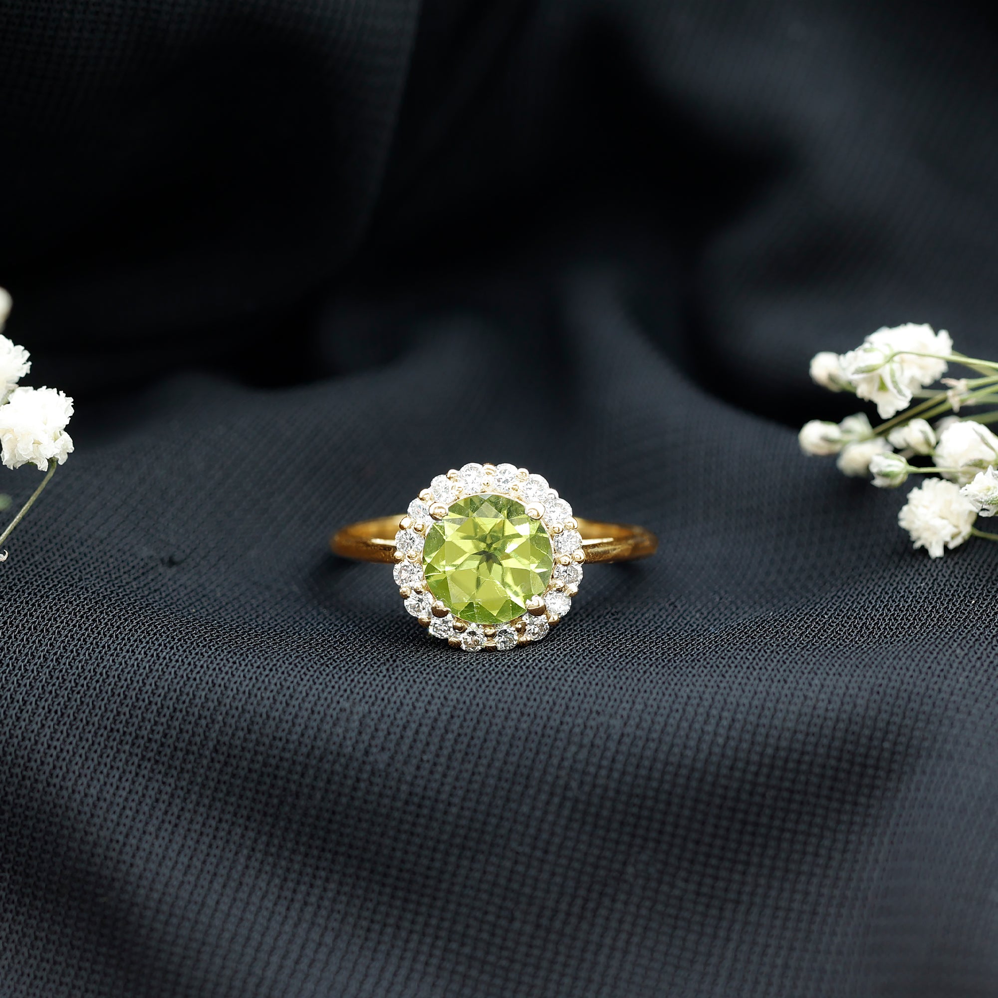 2 Carat Round Peridot and Diamond Halo Engagement Ring AAA - Rosec Jewels