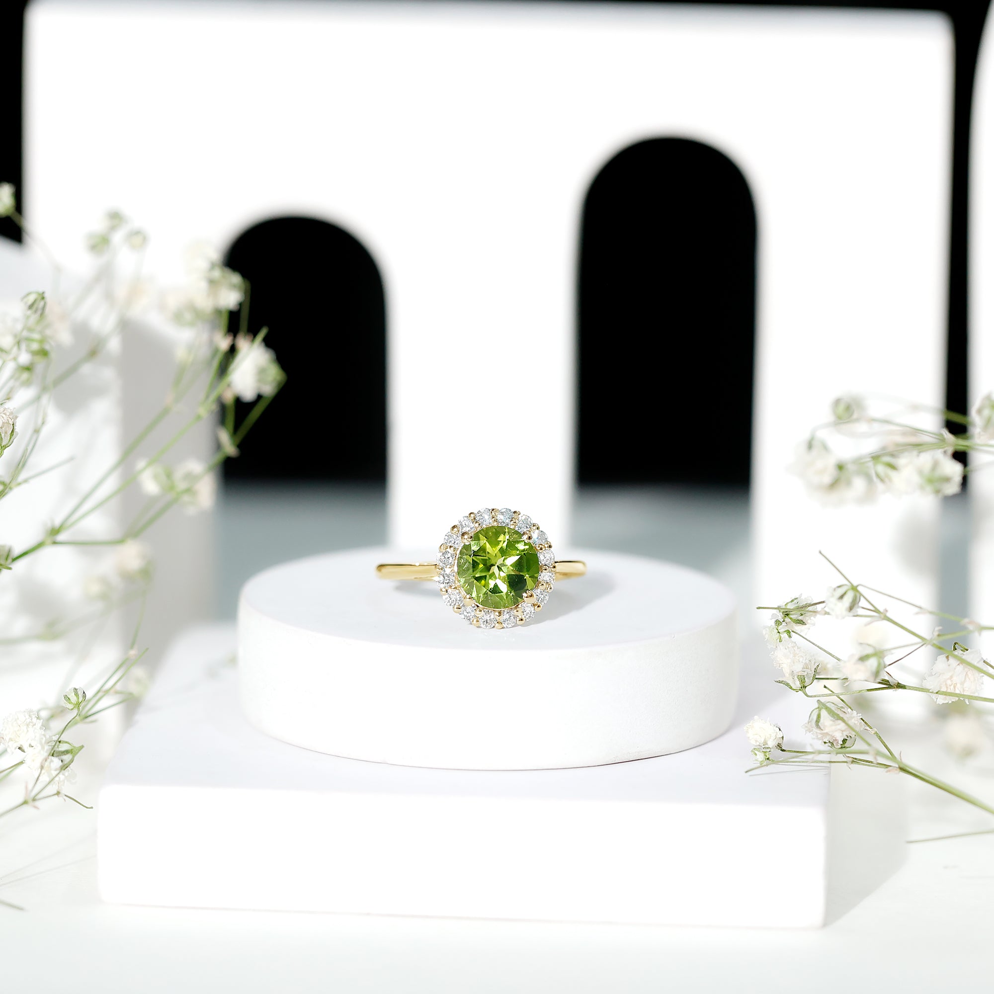 2 Carat Round Peridot and Diamond Halo Engagement Ring AAA - Rosec Jewels