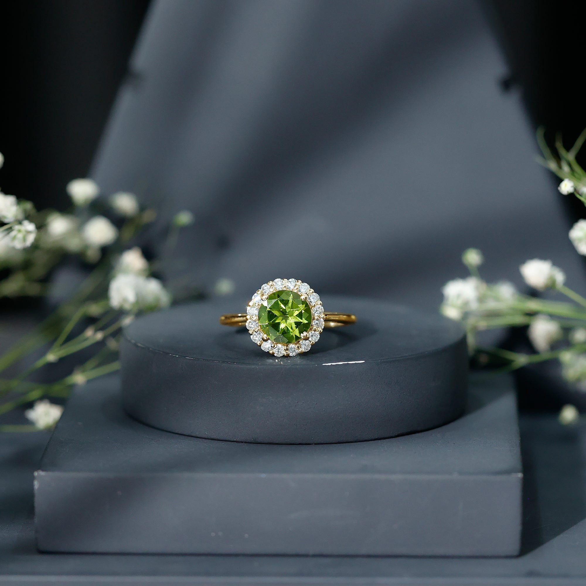 2 Carat Round Peridot and Diamond Halo Engagement Ring AAA - Rosec Jewels