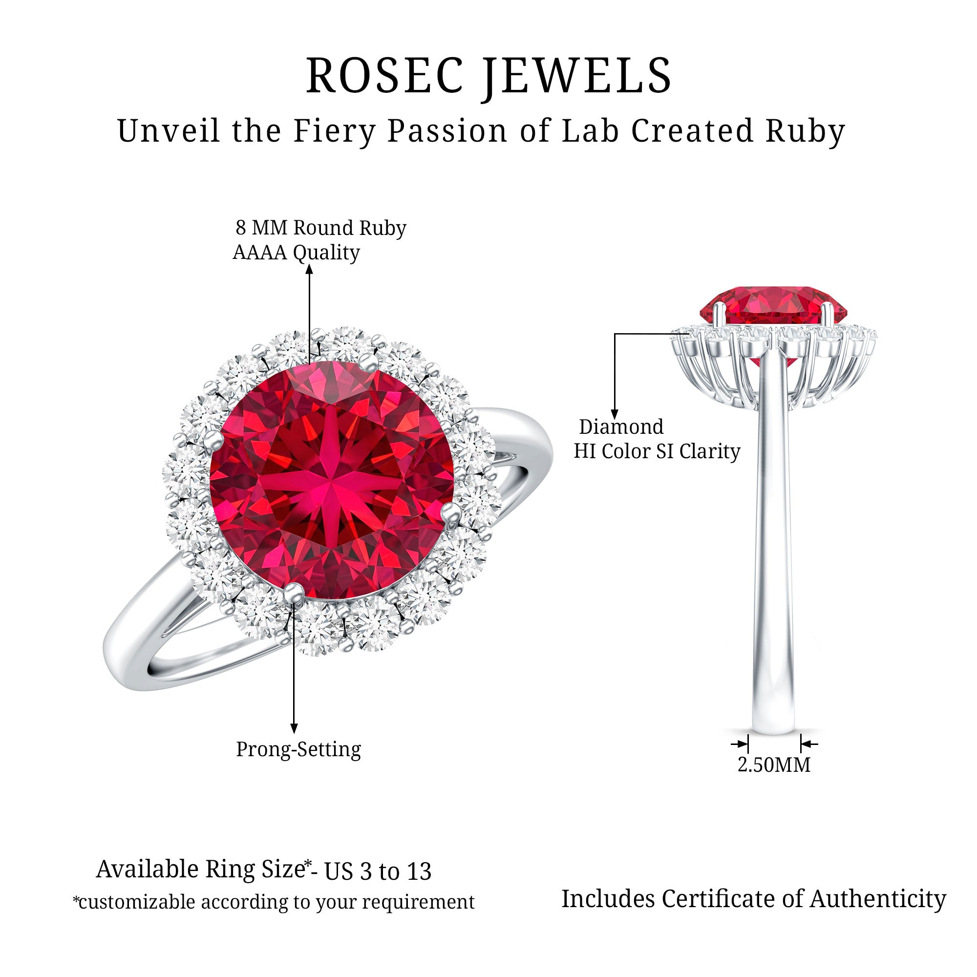 Rosec Jewels-Lab Created 8MM Ruby Halo Engagement Ring with Diamonds