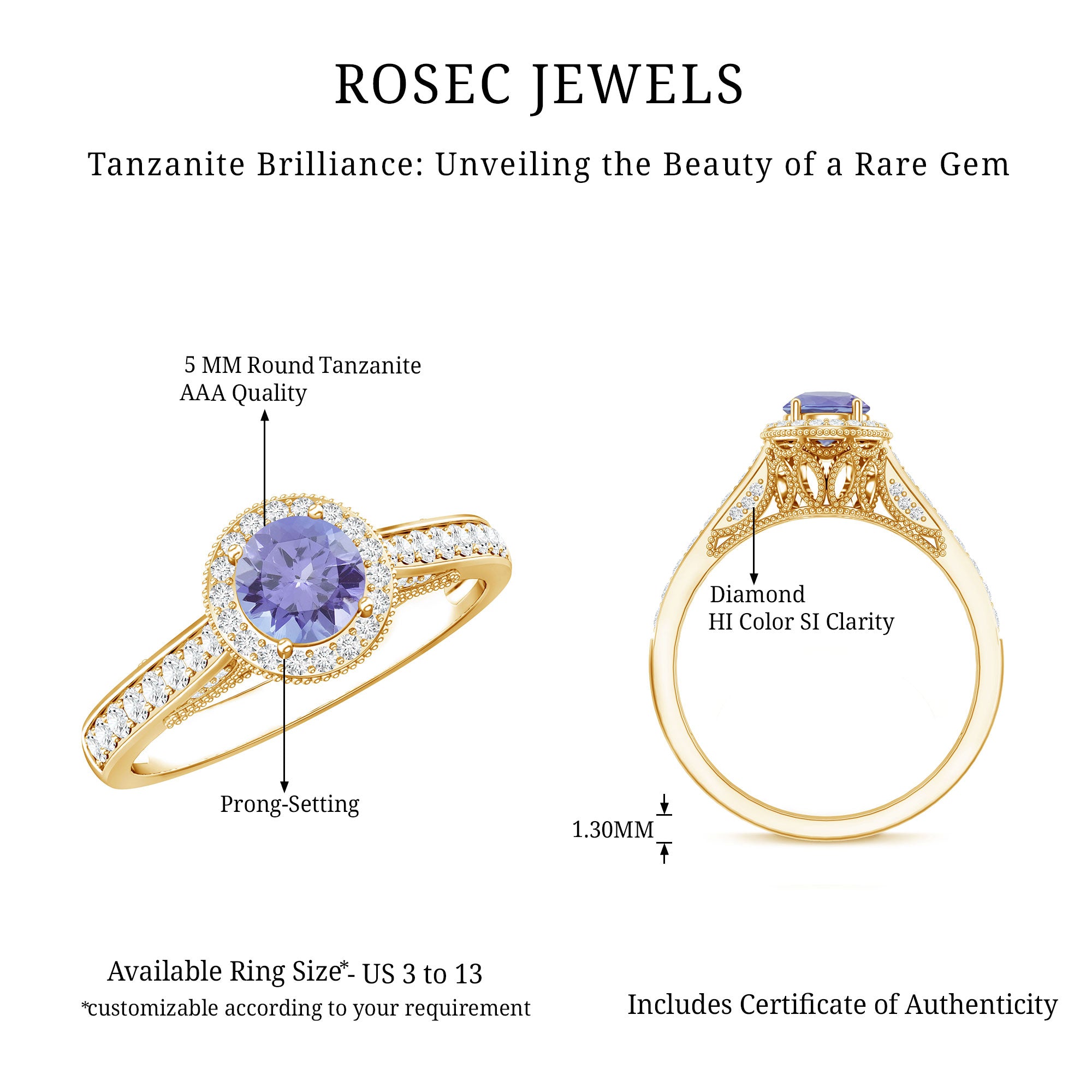 Vintage Style Tanzanite Engagement Ring with Diamond Halo AAA - Rosec Jewels