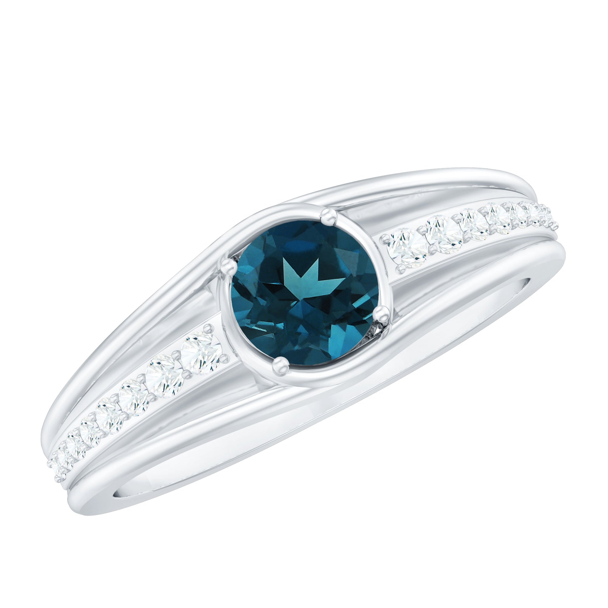 Rosec Jewels-Genuine London Blue Topaz Engagement Ring with Diamond Side Stones