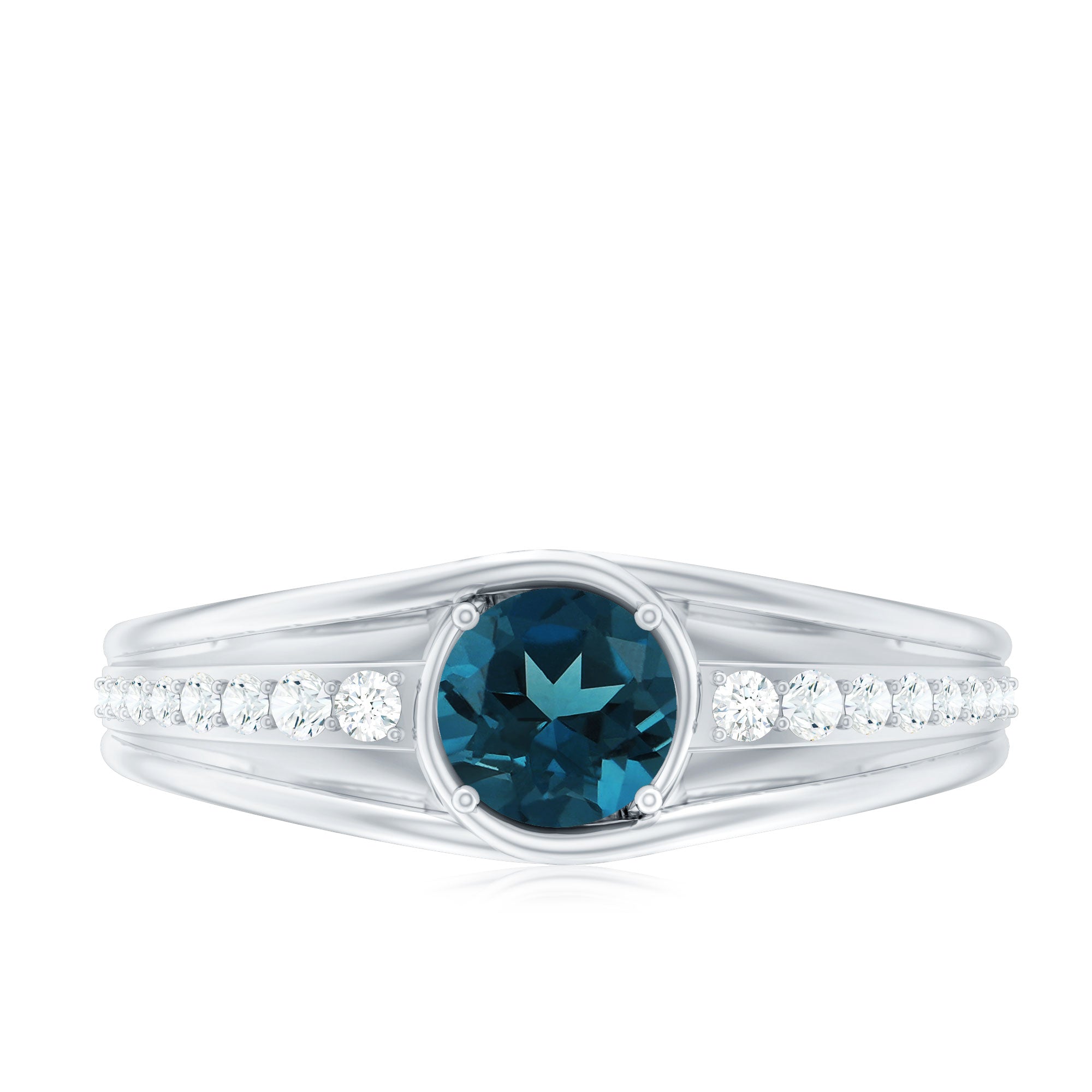Rosec Jewels-Genuine London Blue Topaz Engagement Ring with Diamond Side Stones
