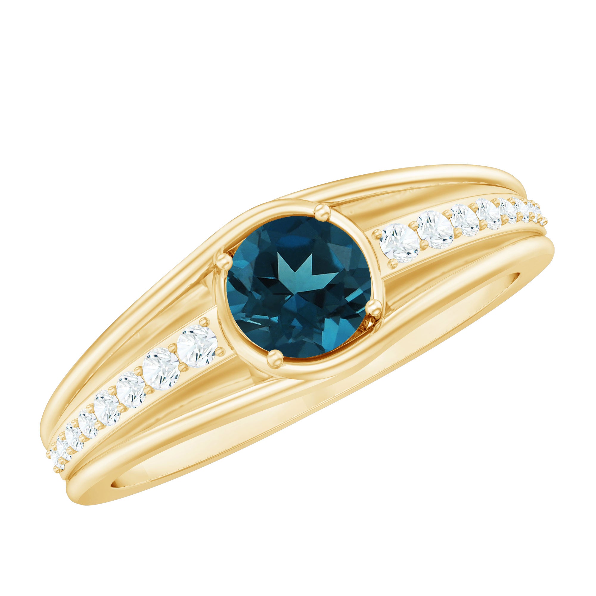 Rosec Jewels-Genuine London Blue Topaz Engagement Ring with Diamond Side Stones