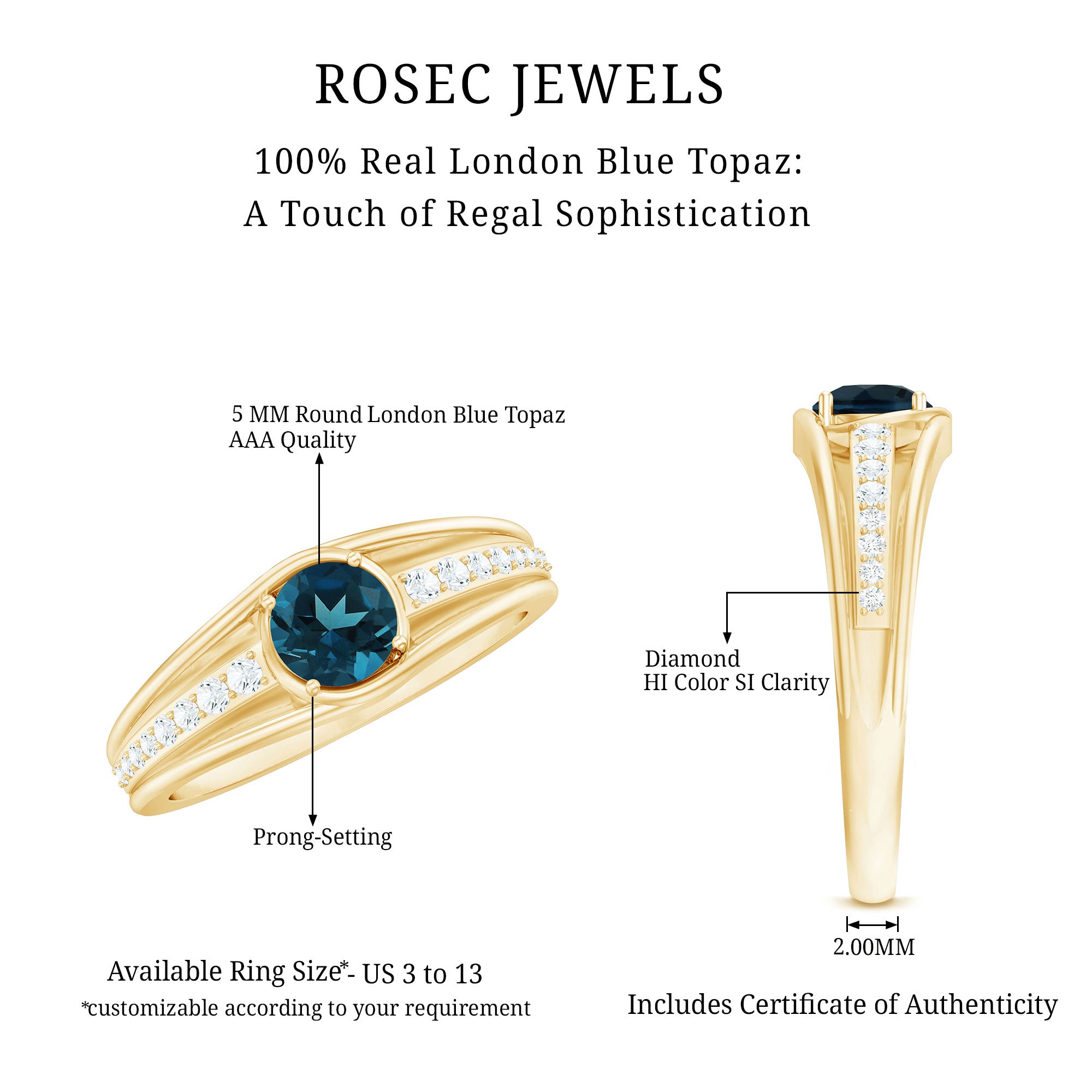 Rosec Jewels-Genuine London Blue Topaz Engagement Ring with Diamond Side Stones