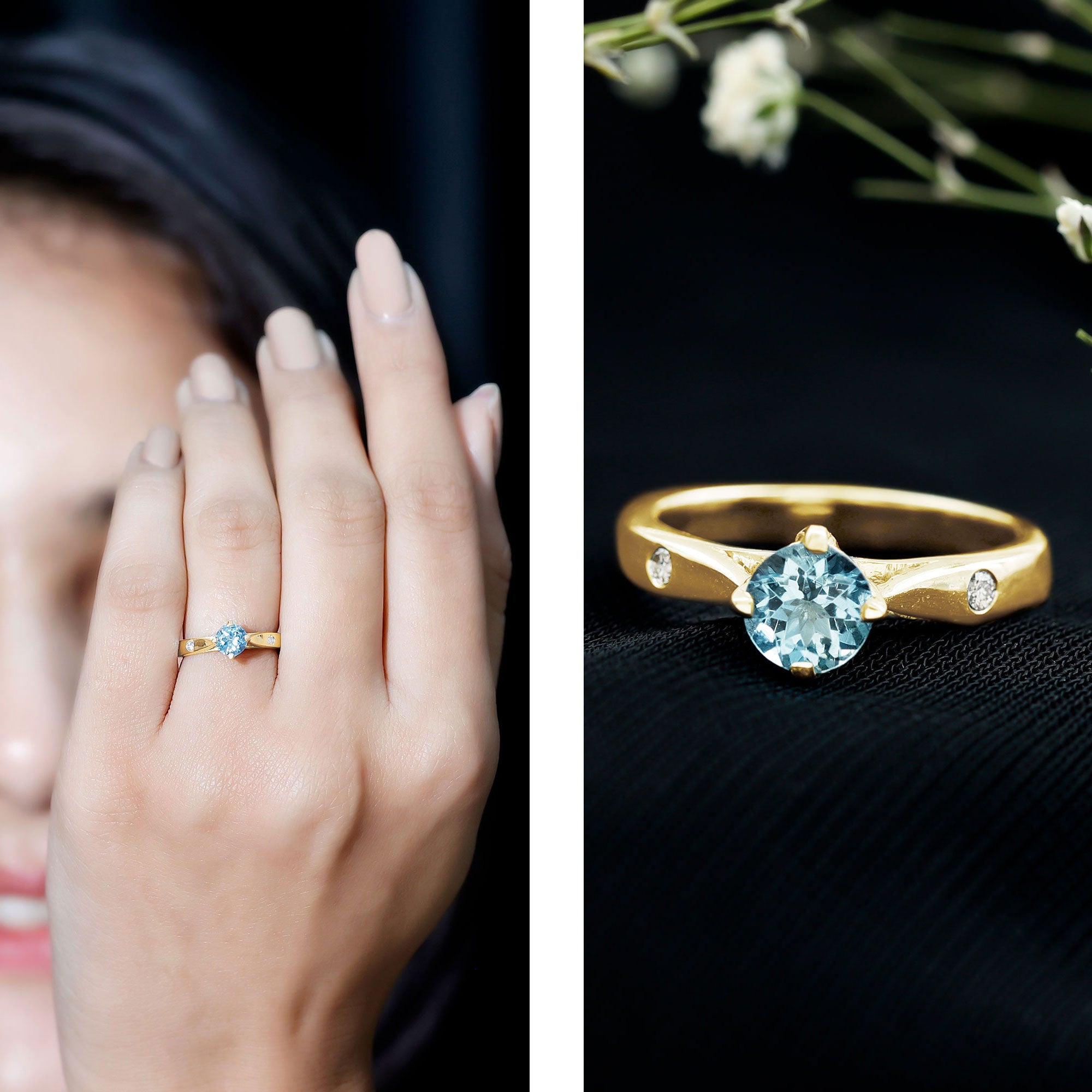 6 MM Certified Aquamarine Solitaire Promise Ring with Diamond AAA - Rosec Jewels