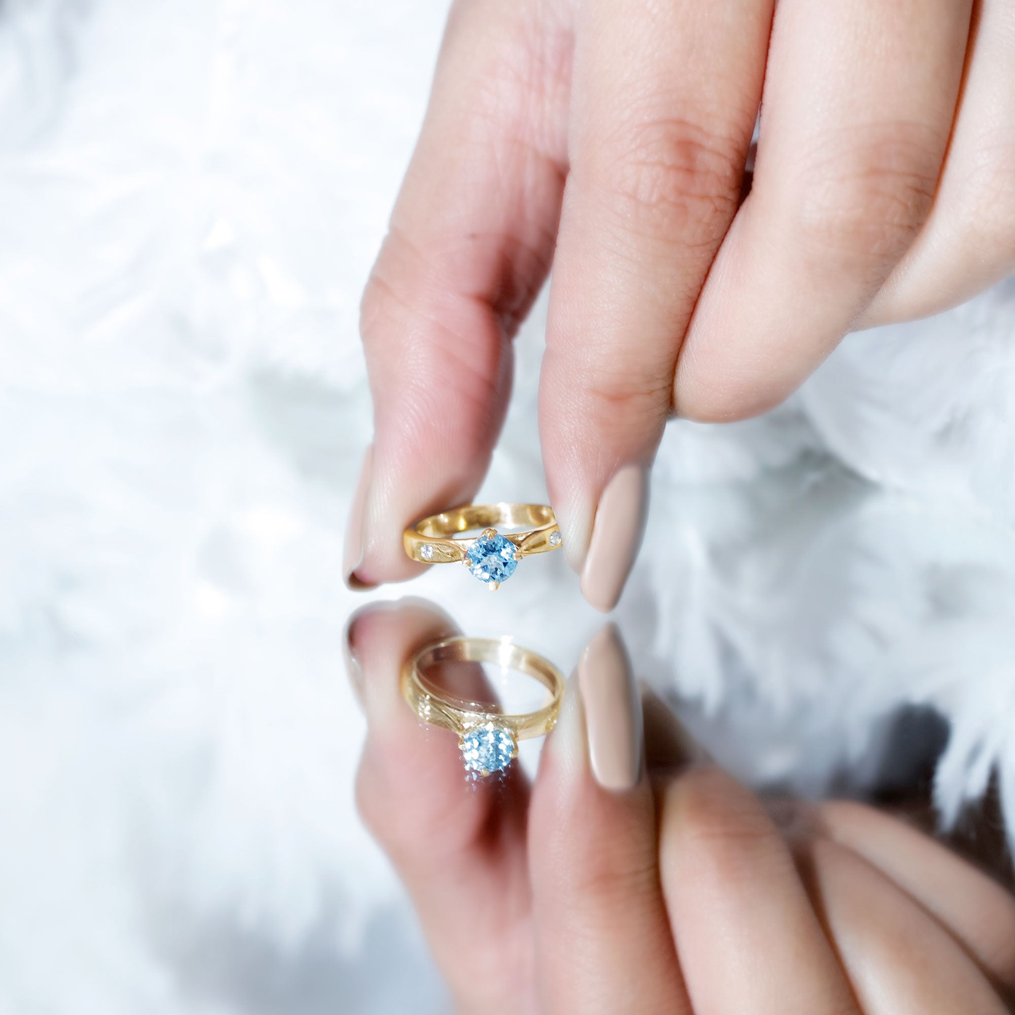 6 MM Certified Aquamarine Solitaire Promise Ring with Diamond AAA - Rosec Jewels
