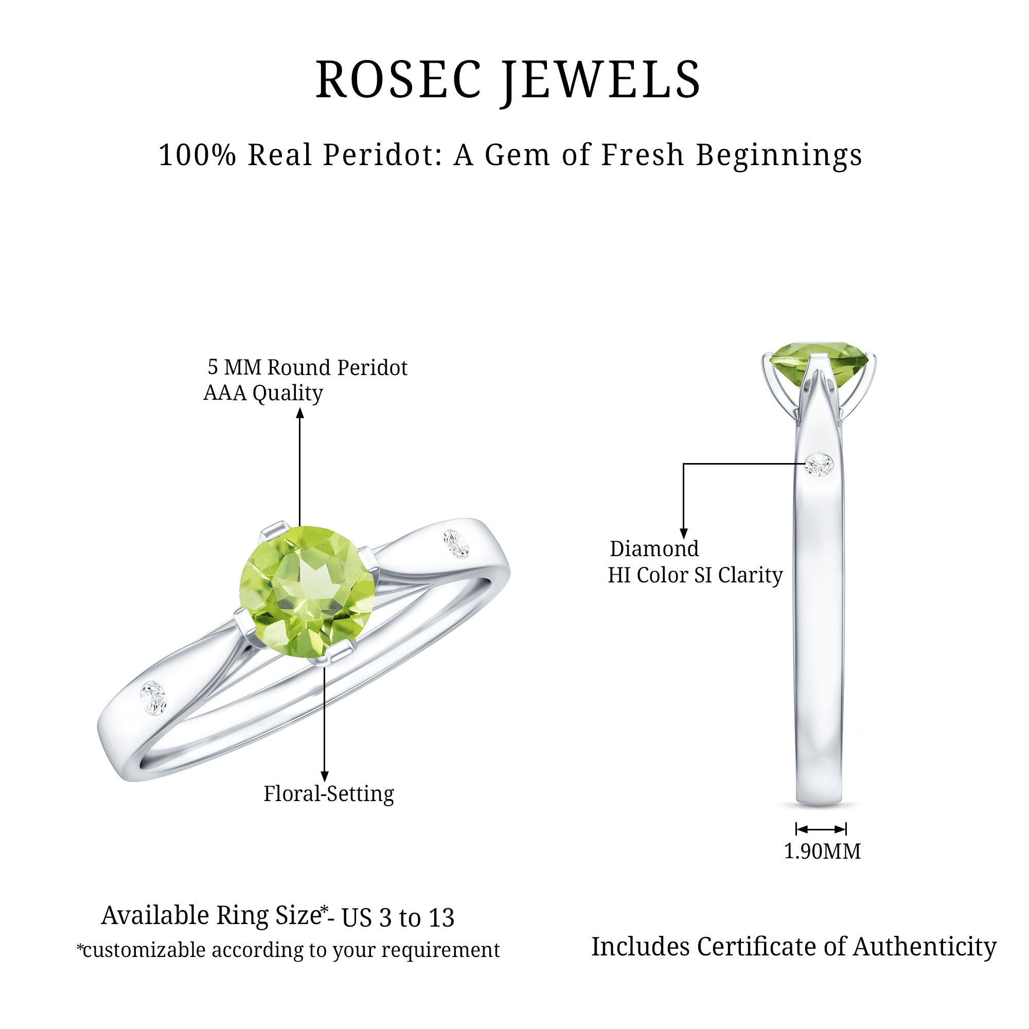 Natural 0.5 Carat Peridot Promise Ring with Diamond AAA - Rosec Jewels