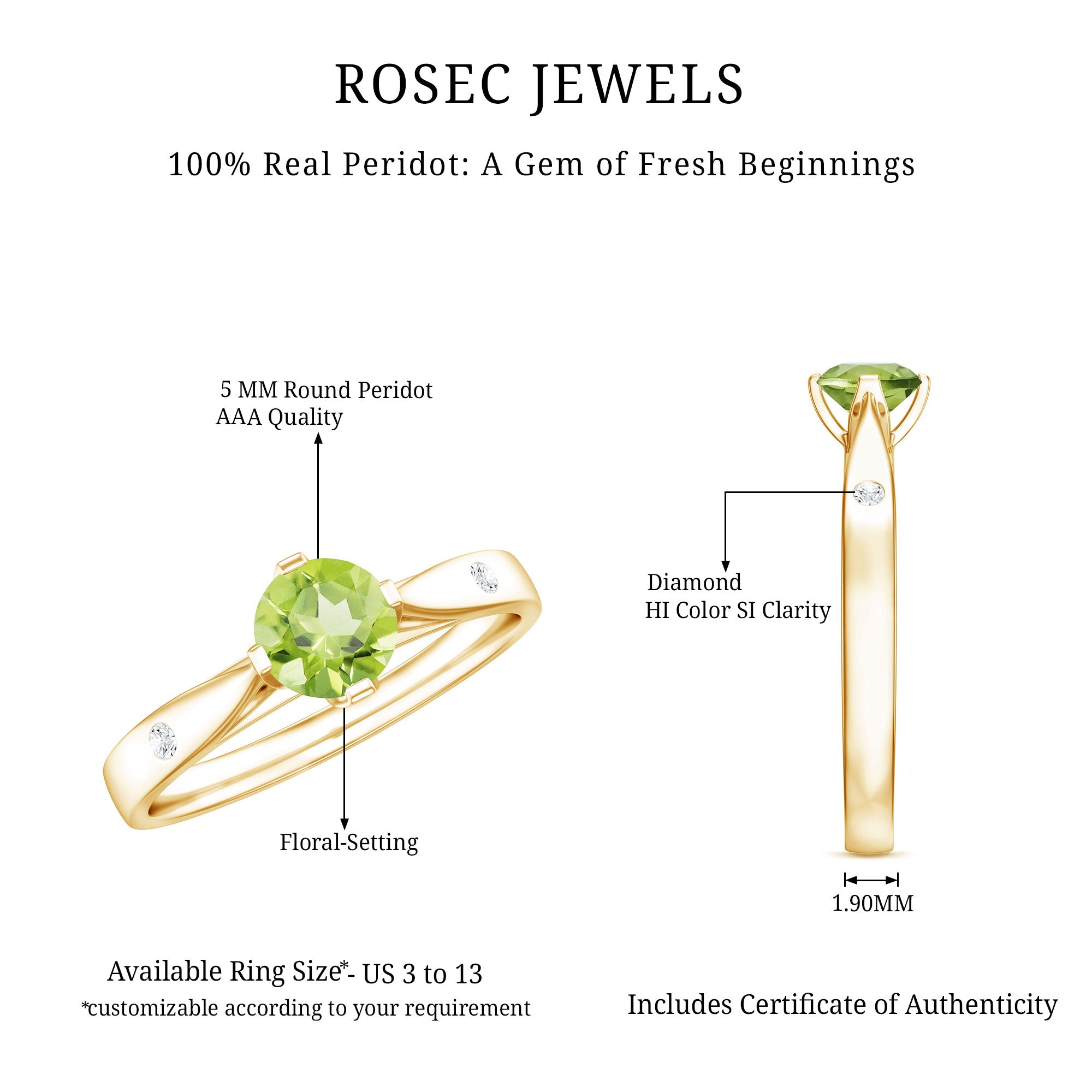 Natural 0.5 Carat Peridot Promise Ring with Diamond AAA - Rosec Jewels