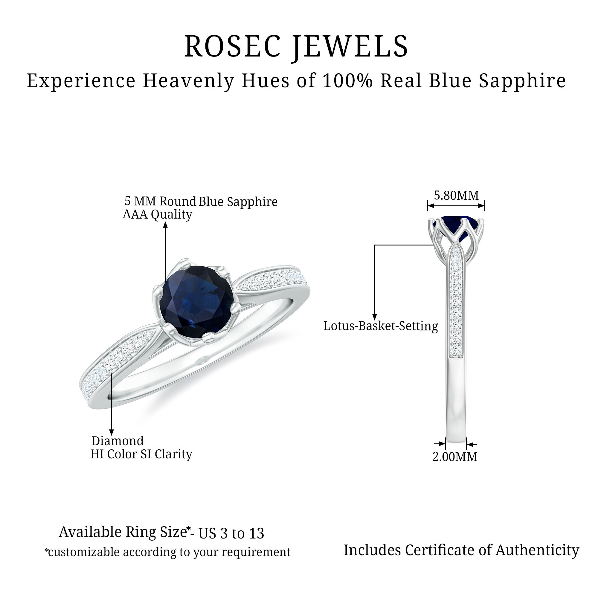 Natural 0.9 Carat Blue Sapphire Engagement Ring with Diamond AAA - Rosec Jewels