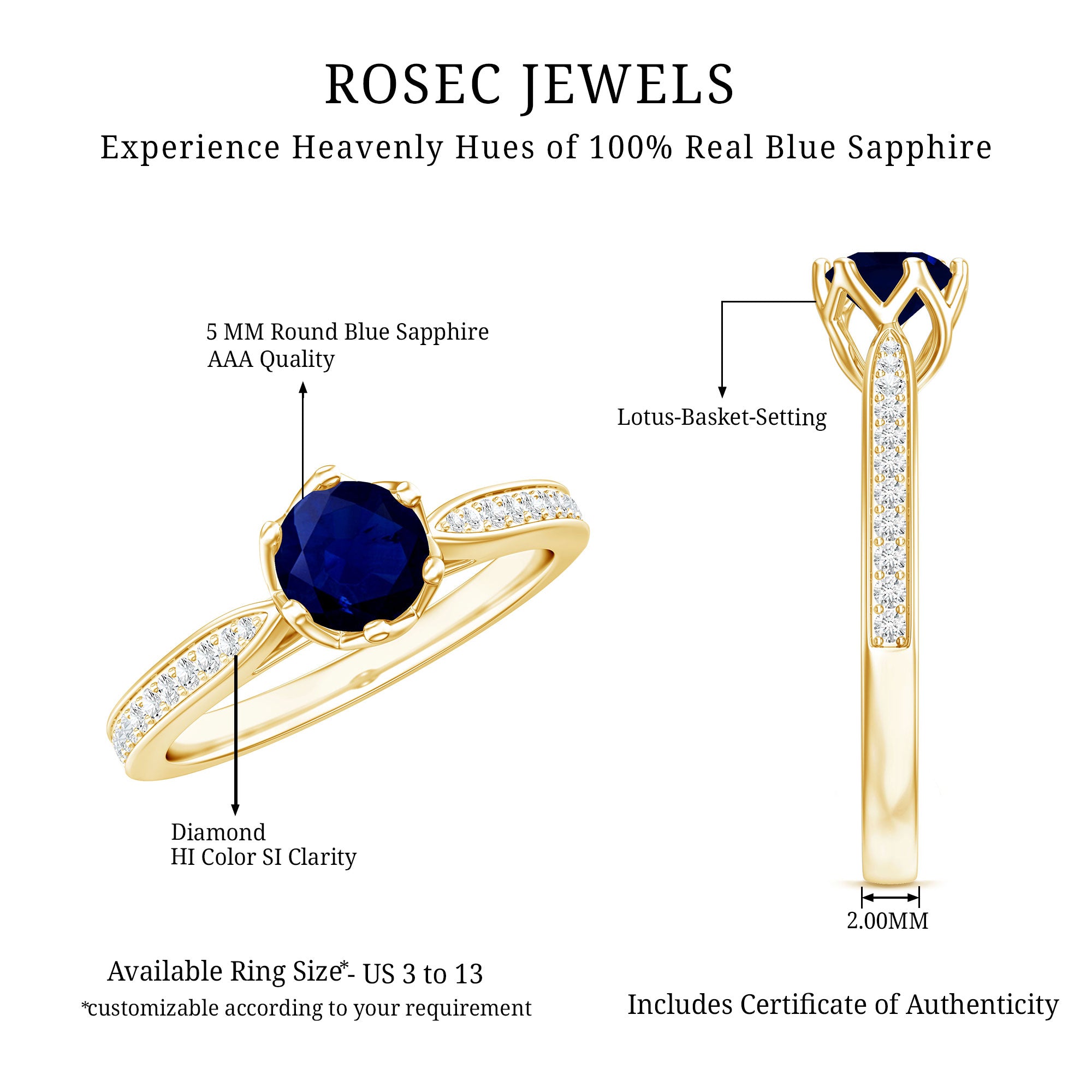 Natural 0.9 Carat Blue Sapphire Engagement Ring with Diamond AAA - Rosec Jewels