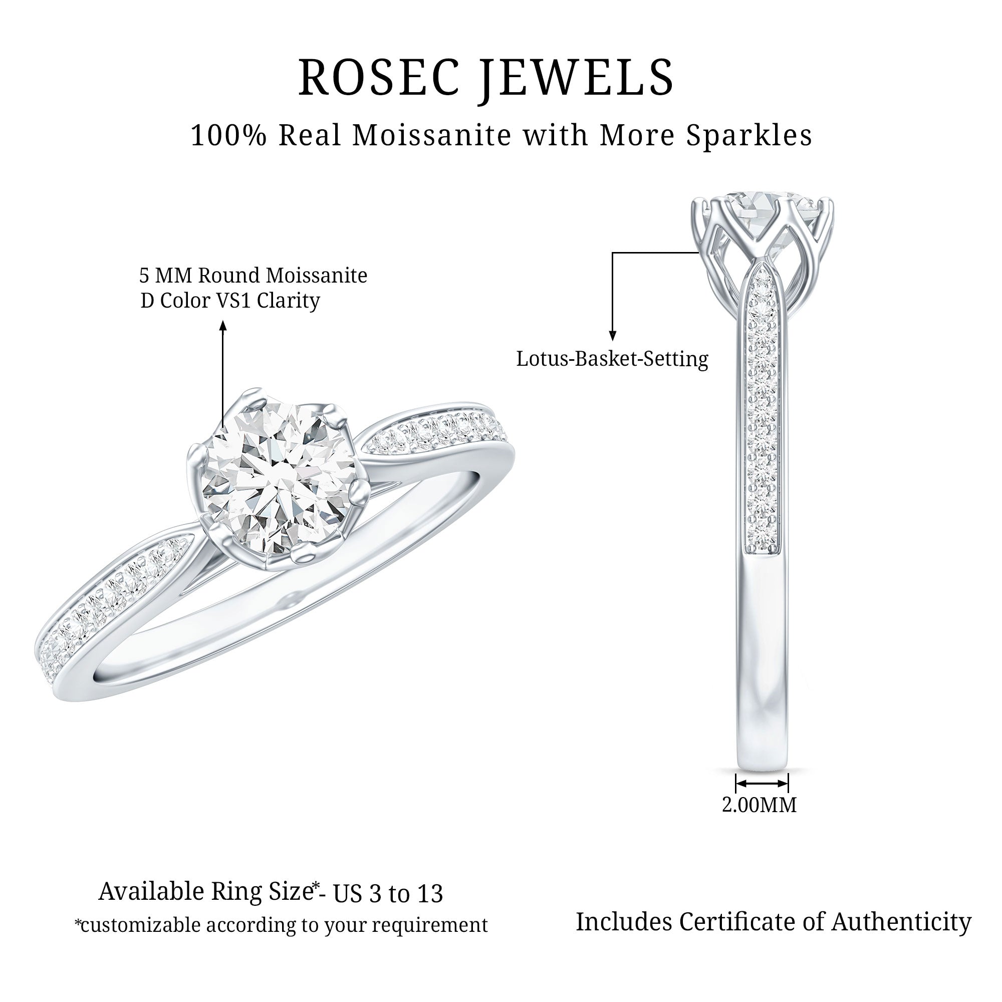 Rosec Jewels-Lotus Basket Set Moissanite Solitaire Engagement Ring for Women