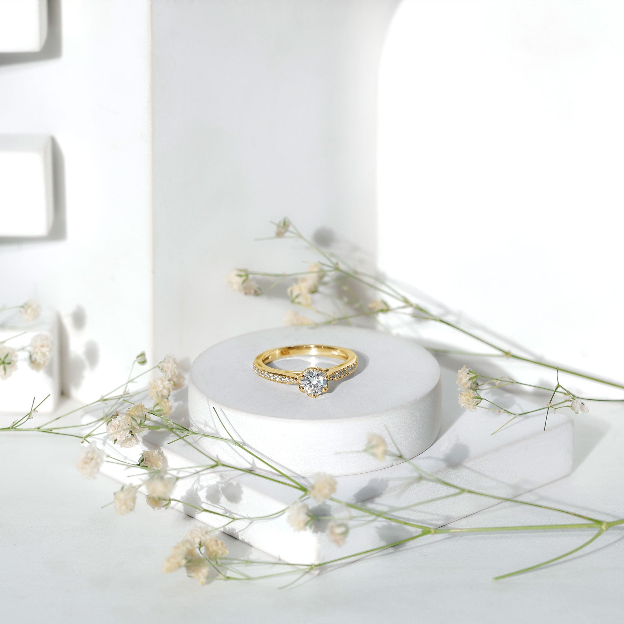 Rosec Jewels-Lotus Basket Set Moissanite Solitaire Engagement Ring for Women