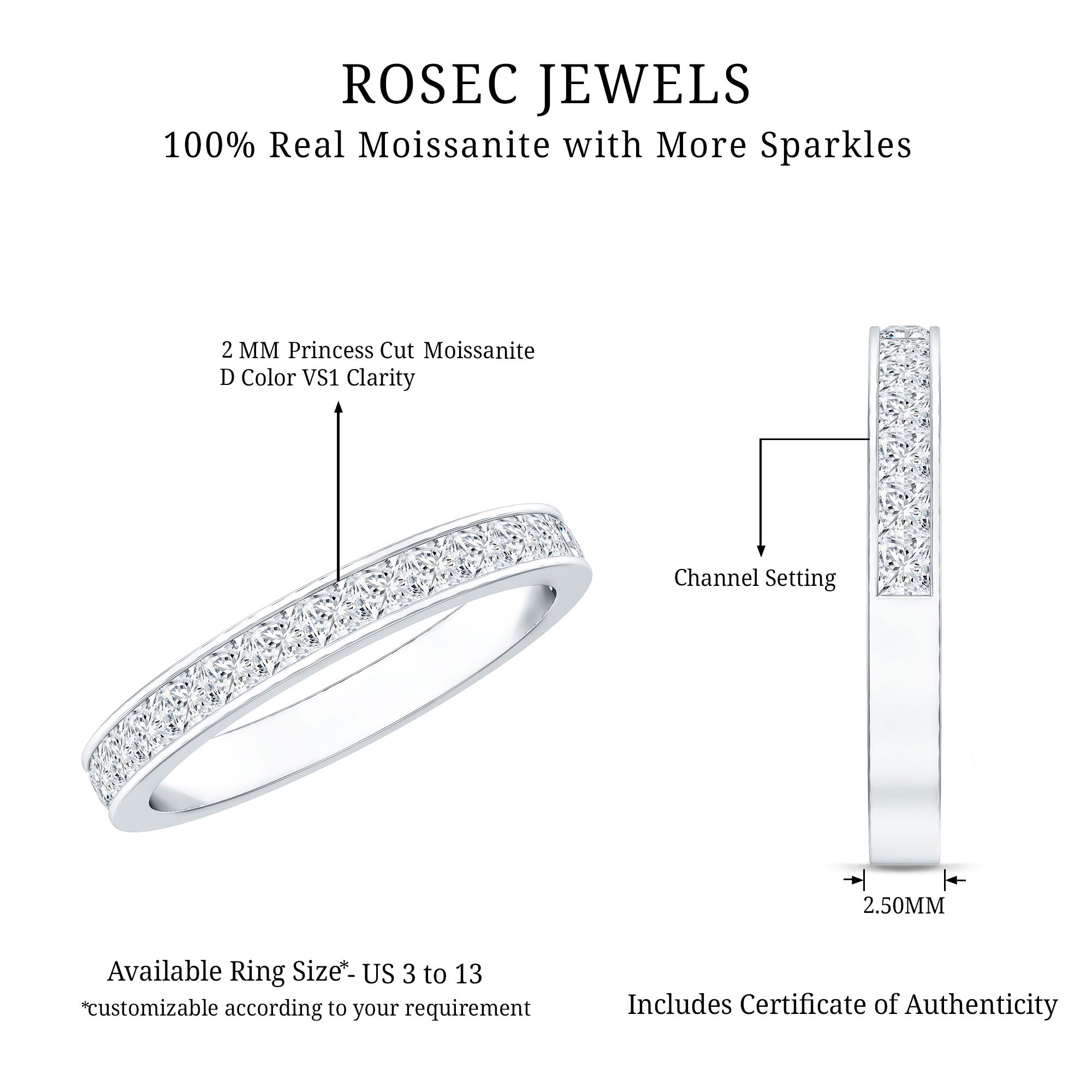 Princess Cut Moissanite Half Eternity Band Ring in Channel Setting D-VS1 - Rosec Jewels