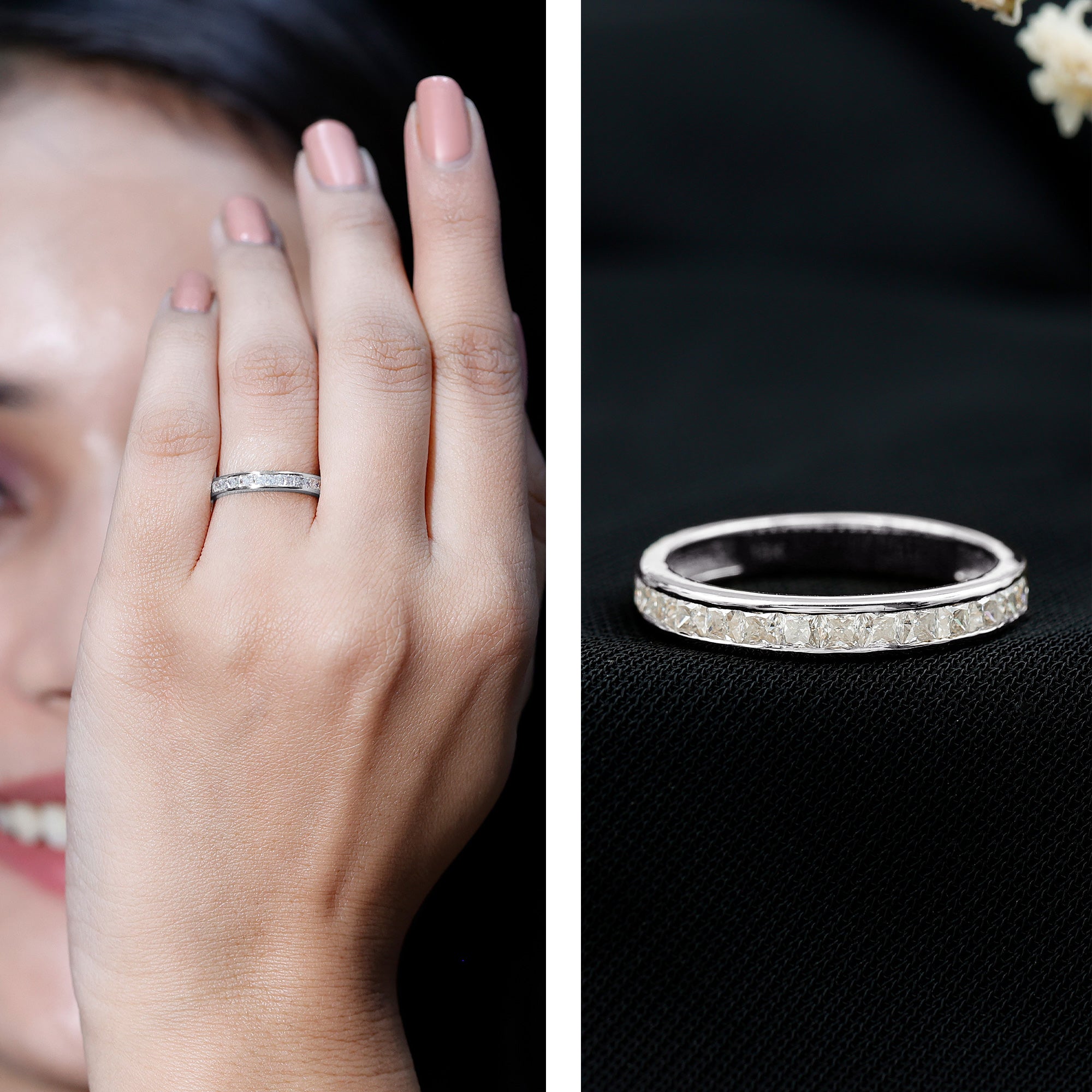 Princess Cut Moissanite Half Eternity Band Ring in Channel Setting D-VS1 - Rosec Jewels