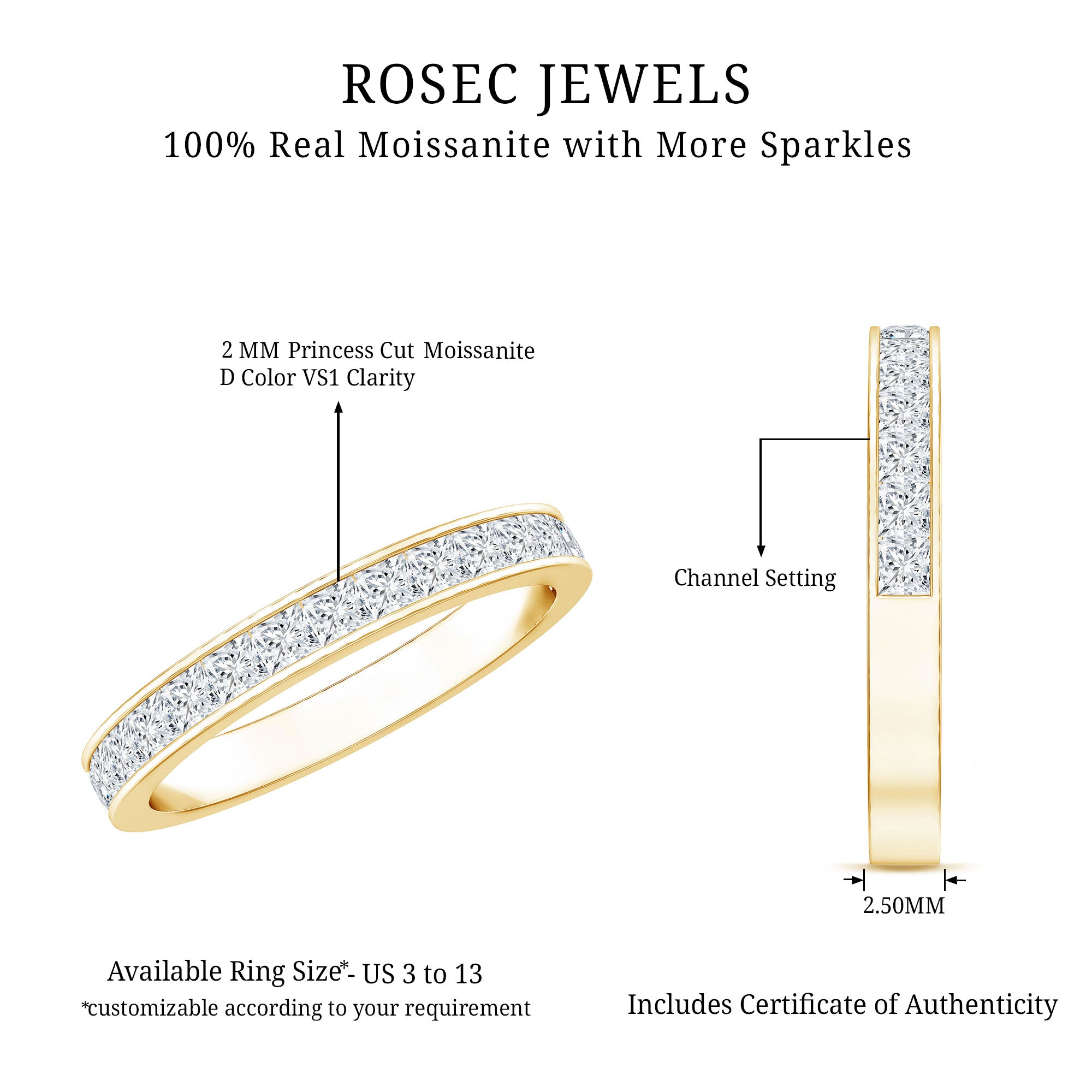Princess Cut Moissanite Half Eternity Band Ring in Channel Setting D-VS1 - Rosec Jewels