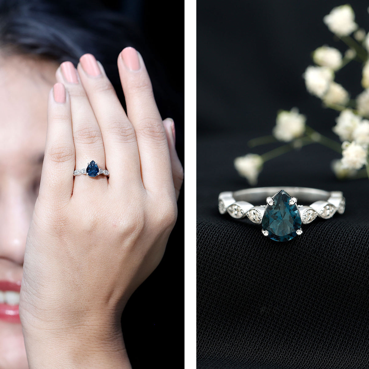 1 Carat Pear Shaped London Blue Topaz Teardrop Engagement Ring with Diamond AAA - Rosec Jewels