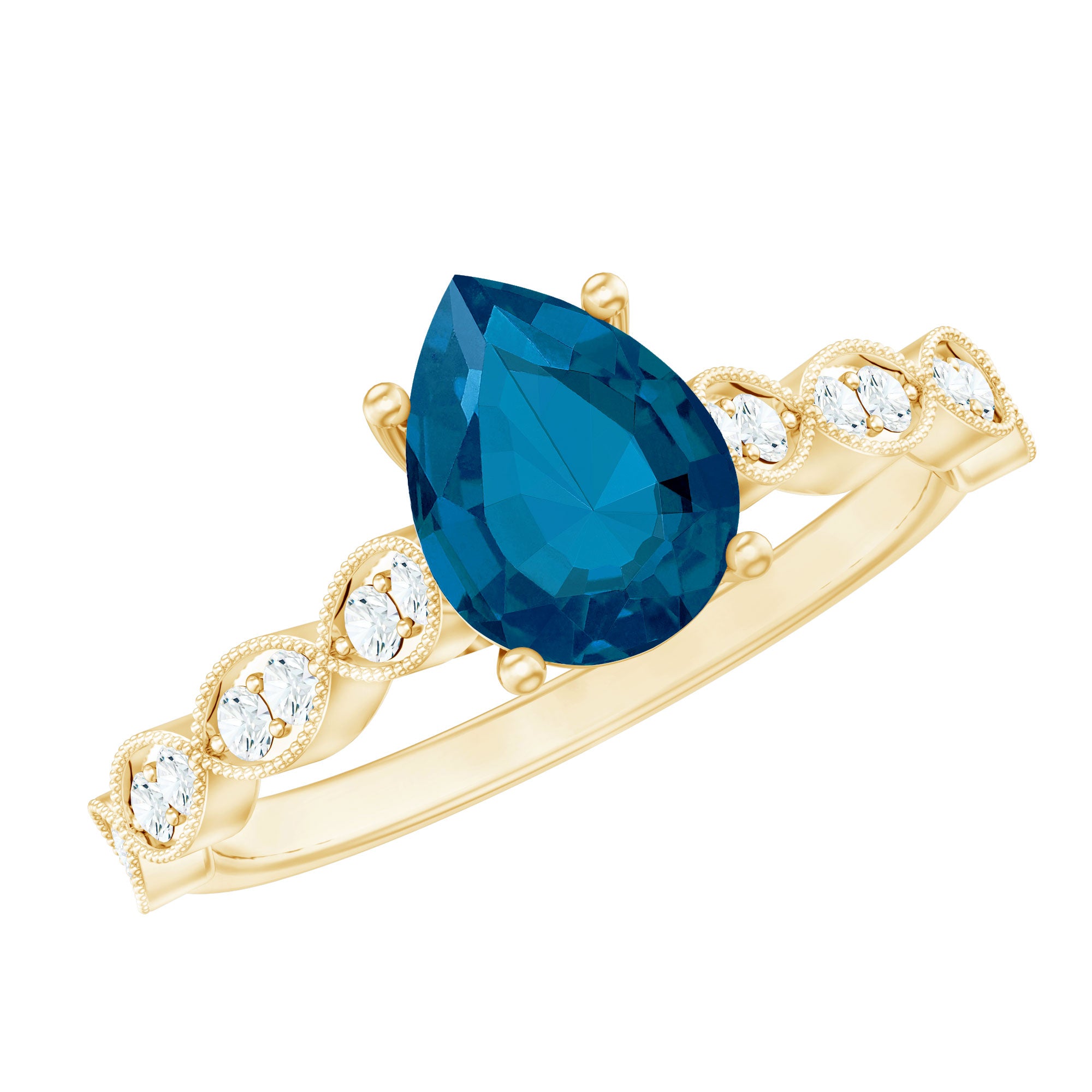 6X8mm Pear Shaped London Blue Topaz Teardrop Engagement Ring with Diamond AAA - Rosec Jewels