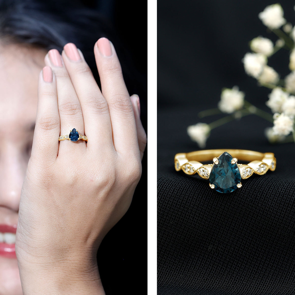 1 Carat Pear Shaped London Blue Topaz Teardrop Engagement Ring with Diamond AAA - Rosec Jewels