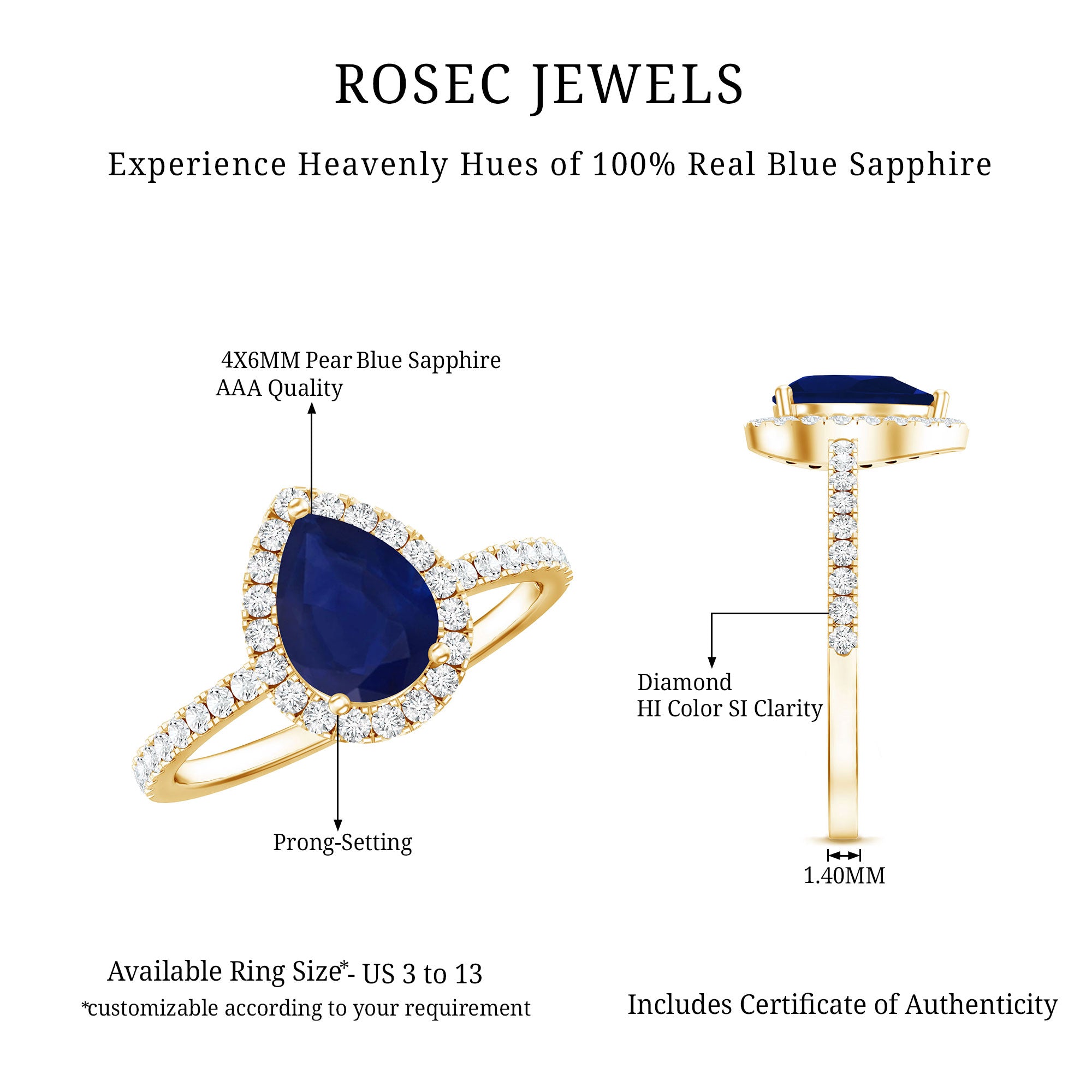 Natural Blue Sapphire and Diamond Teardrop Halo Engagement Ring AAA - Rosec Jewels