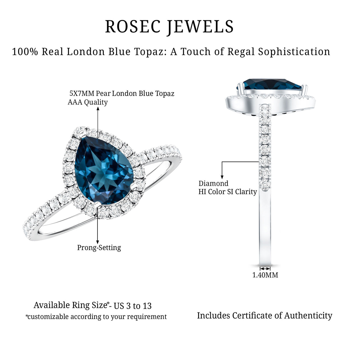 0.7 Carat Pear Shape London Blue Topaz Teardrop Engagement Ring with Diamond Halo AAA - Rosec Jewels