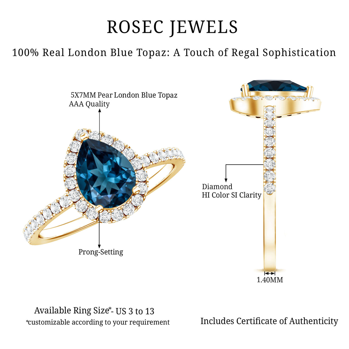 0.7 Carat Pear Shape London Blue Topaz Teardrop Engagement Ring with Diamond Halo AAA - Rosec Jewels