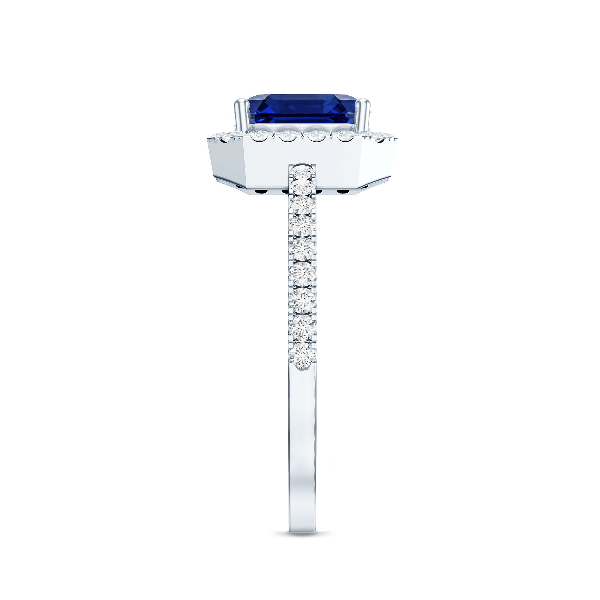 Certified 4.8 Carat Lab Grown Blue Sapphire Asscher Cut Engagement Ring with Diamond Halo AAAA - Rosec Jewels