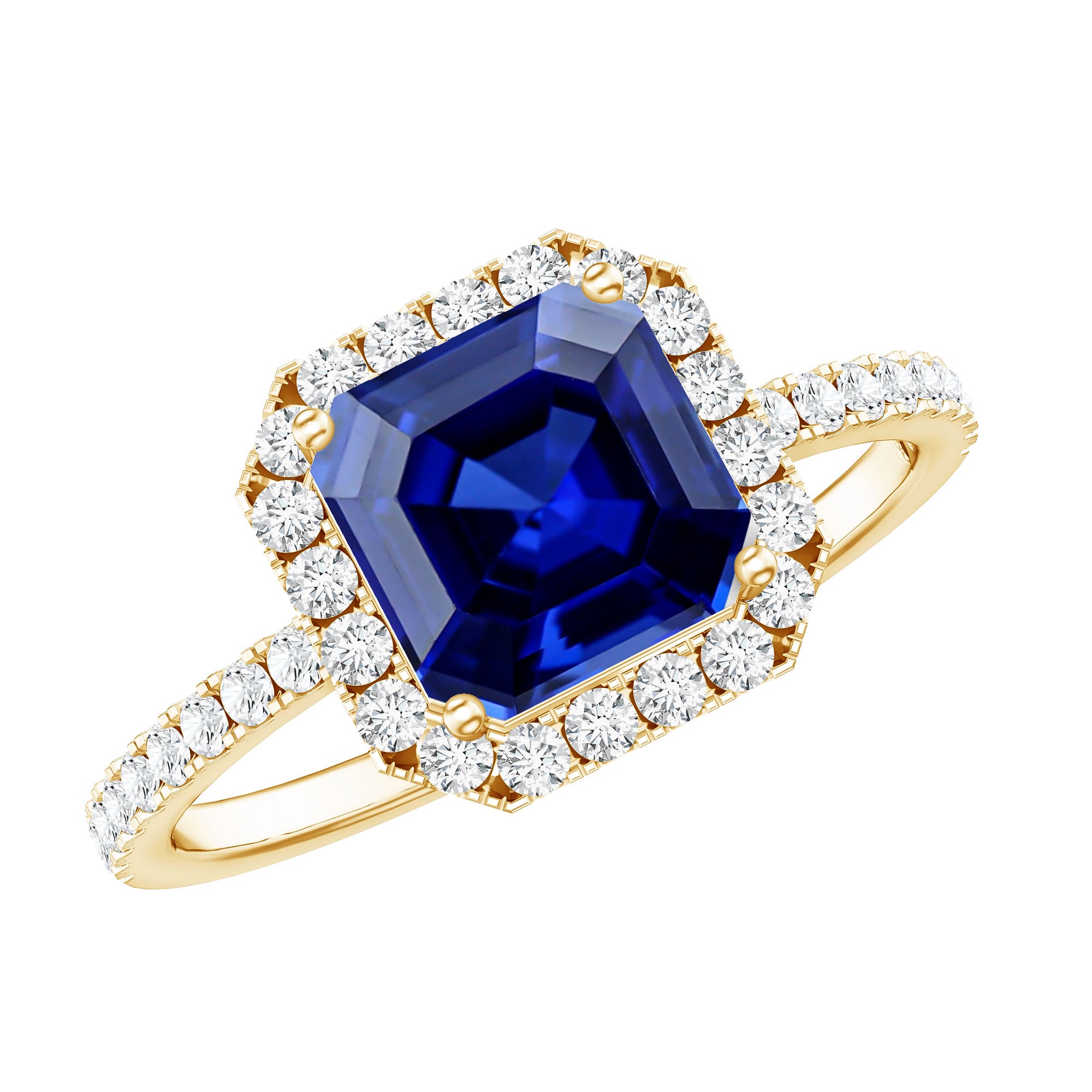 Certified 4.8 Carat Lab Grown Blue Sapphire Asscher Cut Engagement Ring with Diamond Halo AAAA - Rosec Jewels