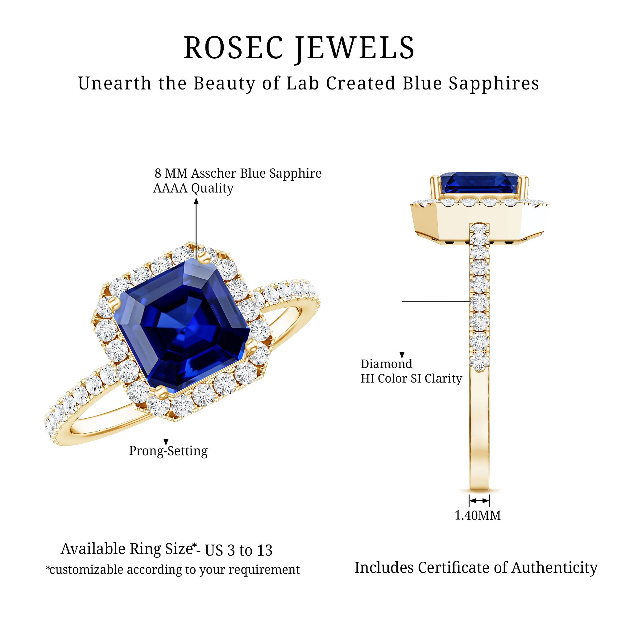 Certified 4.8 Carat Lab Grown Blue Sapphire Asscher Cut Engagement Ring with Diamond Halo AAAA - Rosec Jewels