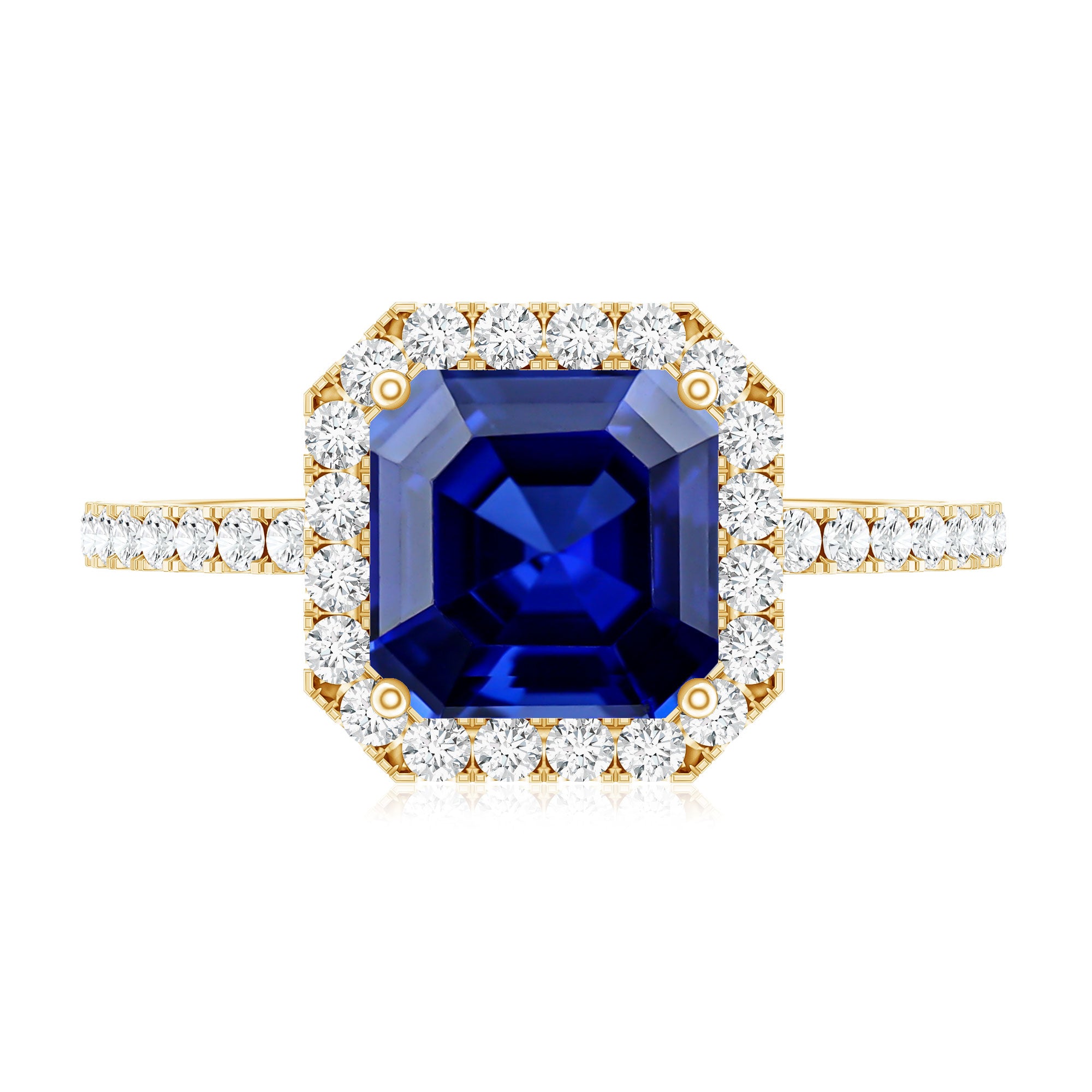 Certified 4.8 Carat Lab Grown Blue Sapphire Asscher Cut Engagement Ring with Diamond Halo AAAA - Rosec Jewels