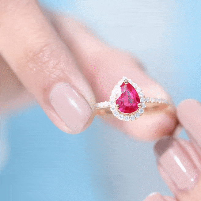 Lab Grown Ruby Teardrop Engagement Ring with Diamond Halo AAAA - Rosec Jewels