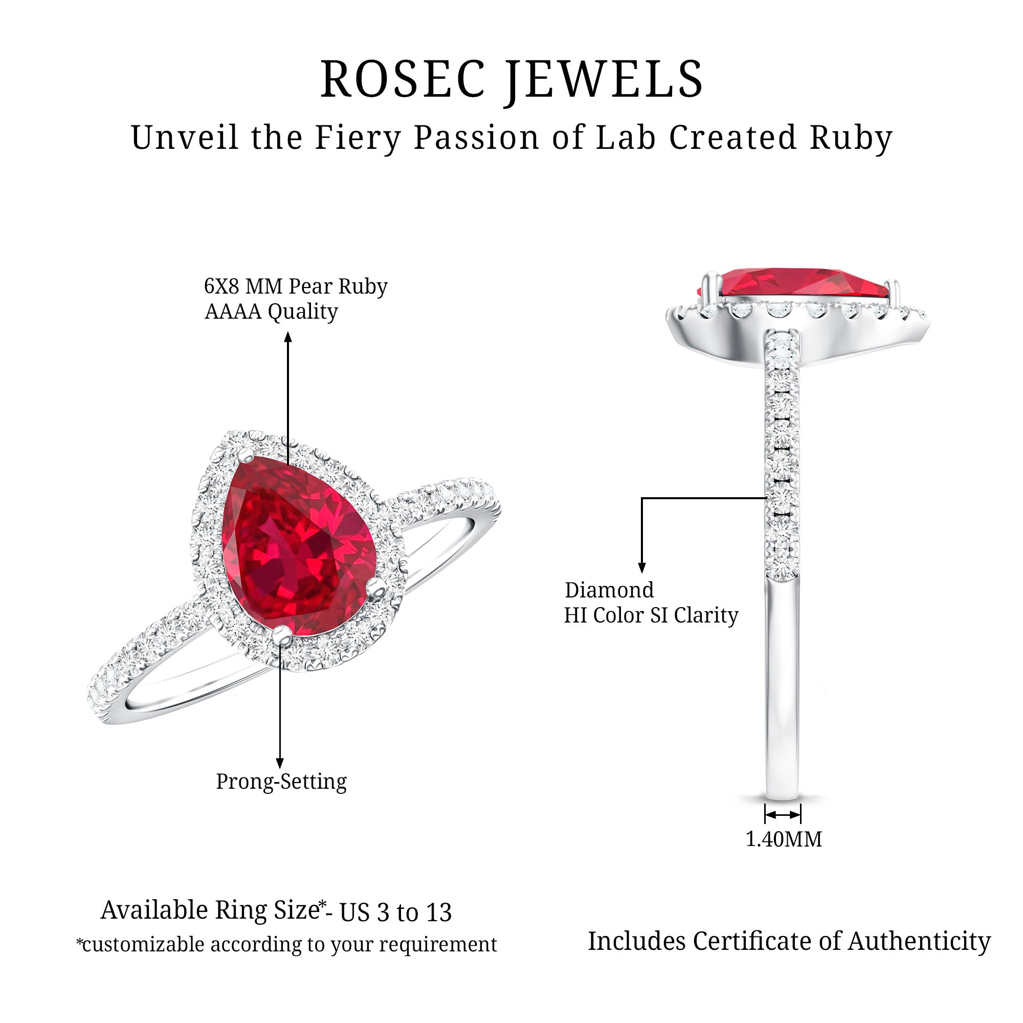 Lab Grown Ruby Teardrop Engagement Ring with Diamond Halo AAAA - Rosec Jewels