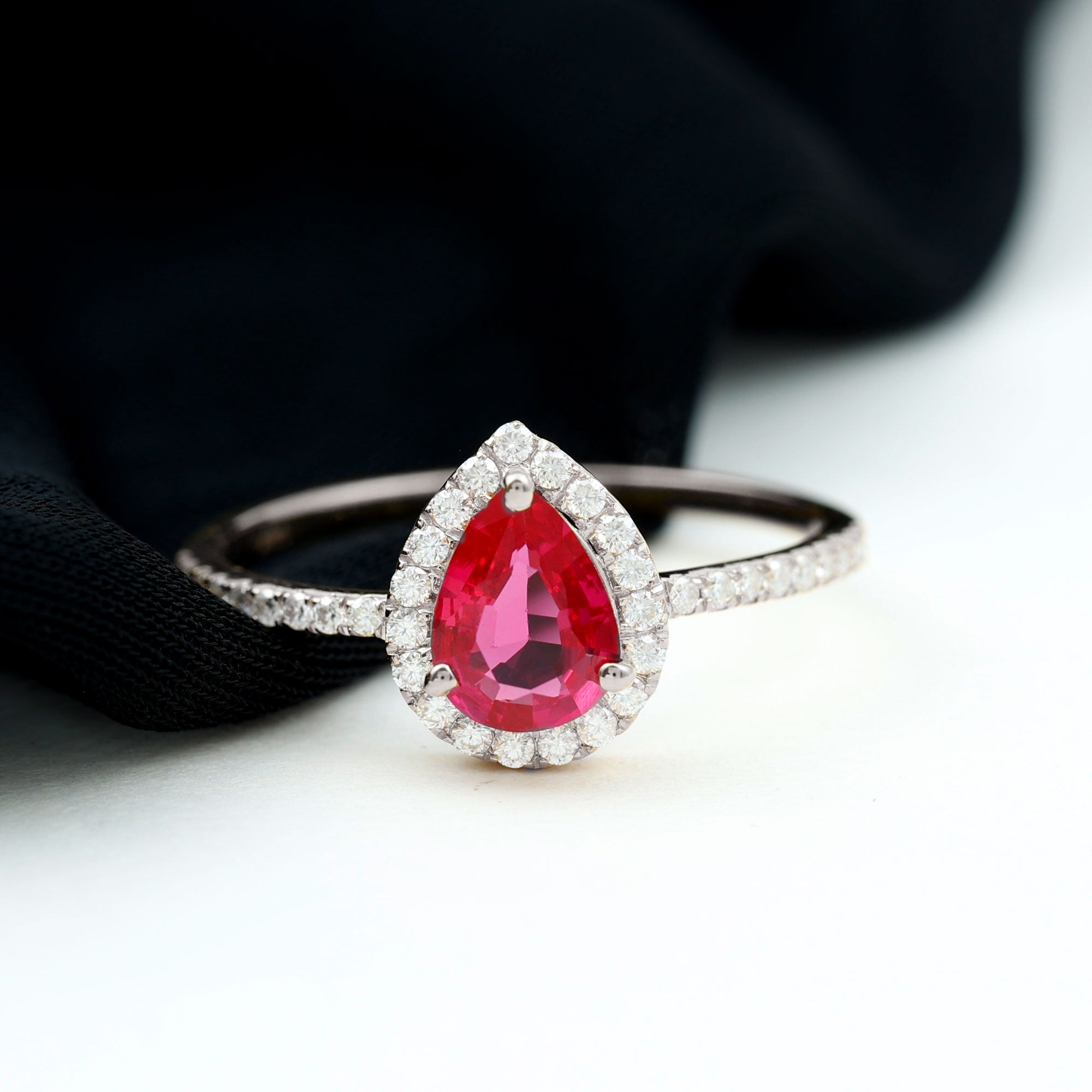 Lab Grown Ruby Teardrop Engagement Ring with Diamond Halo AAAA - Rosec Jewels