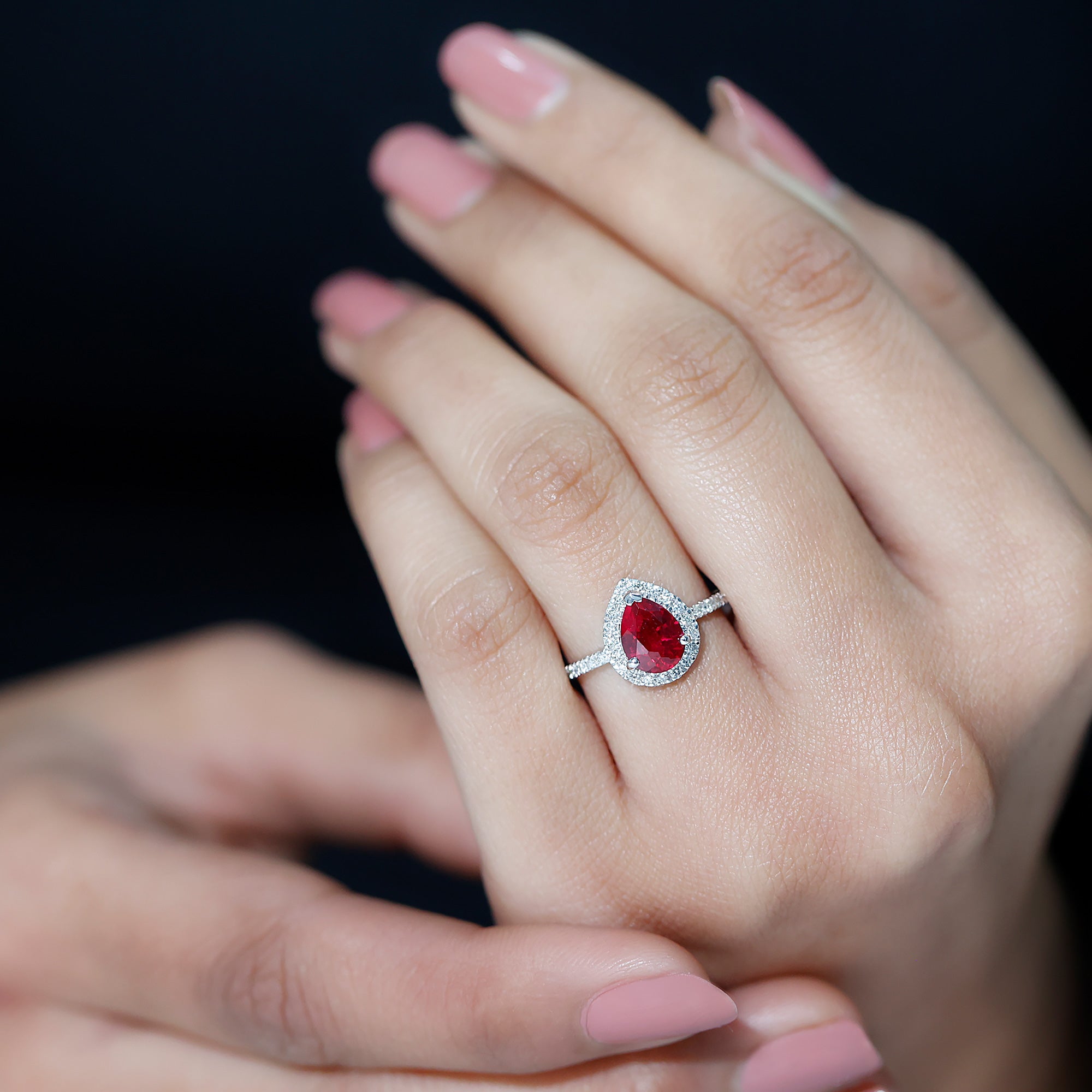 Lab Grown Ruby Teardrop Engagement Ring with Diamond Halo AAAA - Rosec Jewels