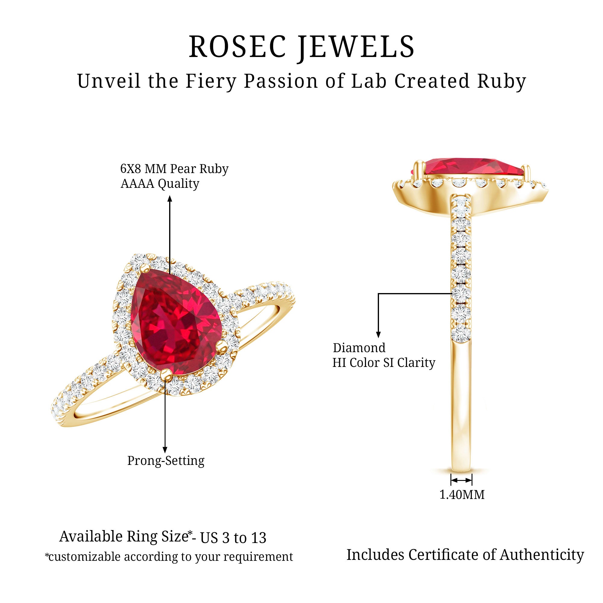 Lab Grown Ruby Teardrop Engagement Ring with Diamond Halo AAAA - Rosec Jewels