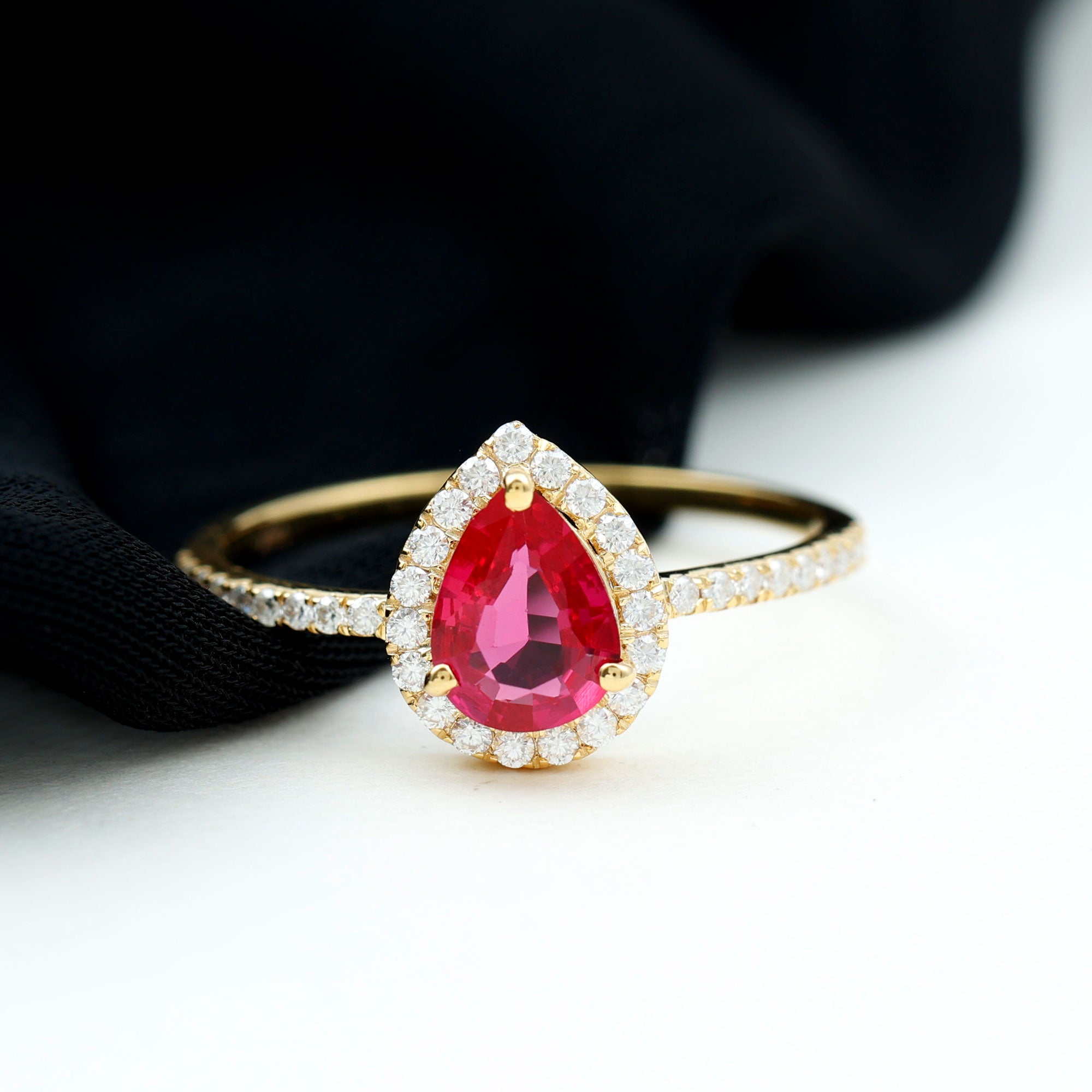 Lab Grown Ruby Teardrop Engagement Ring with Diamond Halo AAAA - Rosec Jewels